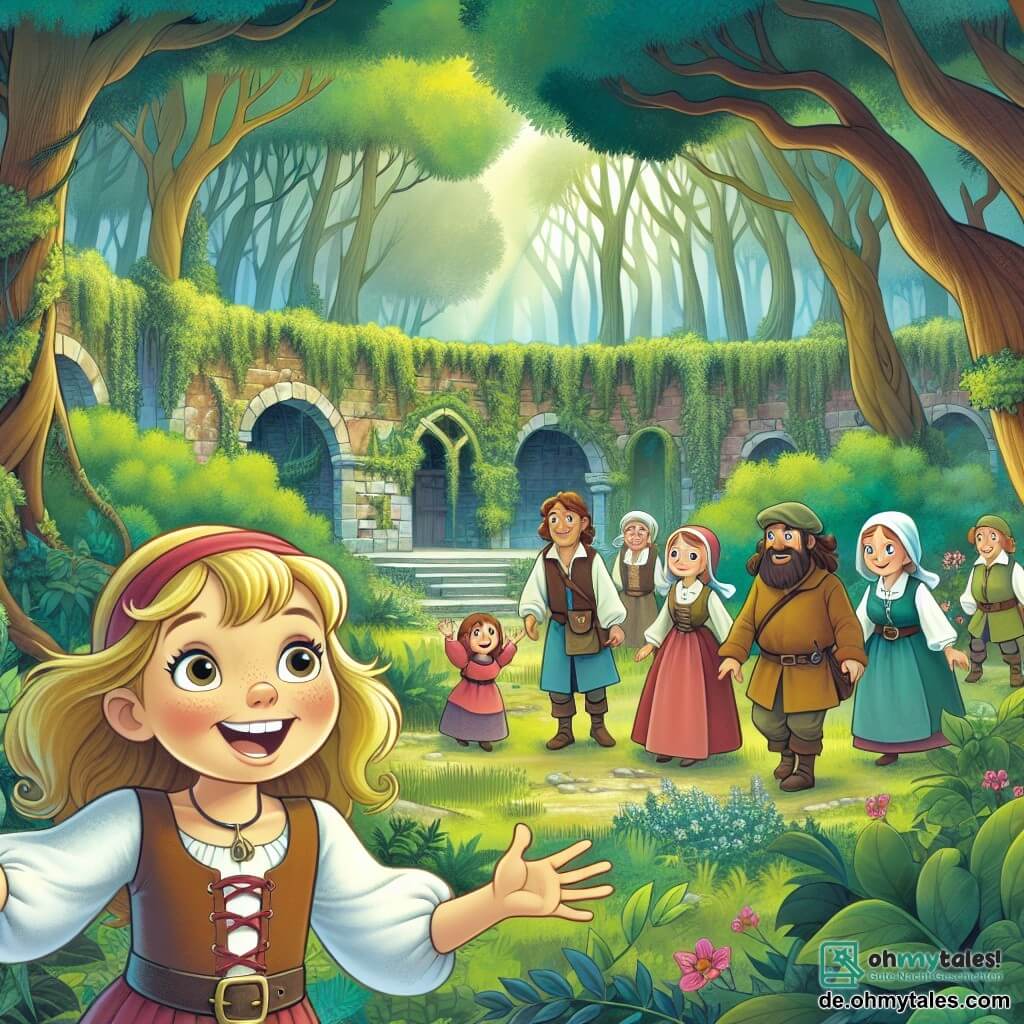 Une illustration destinée aux enfants représentant une fille enthousiaste découvrant un ancien jardin abandonné, accompagnée de sa famille et de ses voisins, dans un endroit magique et verdoyant au cœur d'une forêt mystérieuse.