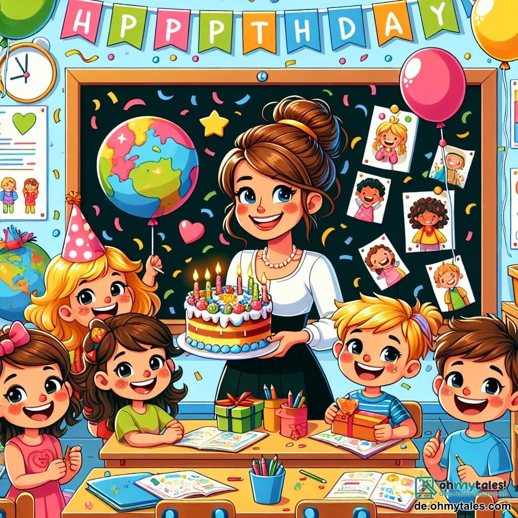 Illustration eines hellen und bunten Klassenzimmers mit Wänden, die mit Kinderzeichnungen und Bildungspostern geschmückt sind. In der Mitte steht eine große Tafel, vor der eine lächelnde Lehrerin, eine etwa 30-jährige Frau mit braunen, zu einem Dutt gebundenen Haaren, vor ihren Schülern steht. Vor ihr strahlt ein 8-jähriges Mädchen mit langen blonden Haaren und einem roten Hut vor Freude, umgeben von ihren Klassenkameraden. Rechts von ihr hält ein 9-jähriger Junge mit einer Strähne kastanienbrauner Haare und einem niedlichen Globus auf seinem T-Shirt ein Stück Schokoladenkuchen, während ein weiteres 8-jähriges Mädchen mit lockigen Haaren und einem rosa Haarband ihm ein buntes Geschenk reicht. Die Hauptsituation zeigt die Klasse, die einen Geburtstag feiert, mit bunten Luftballons, die von der Decke schweben, und einem großen, mit Kerzen dekorierten Kuchen in der Mitte des Tisches. Konfetti ist auf den Tischen verstreut, und alle Kinder lachen und haben Spaß, was eine festliche und fröhliche Atmosphäre schafft.