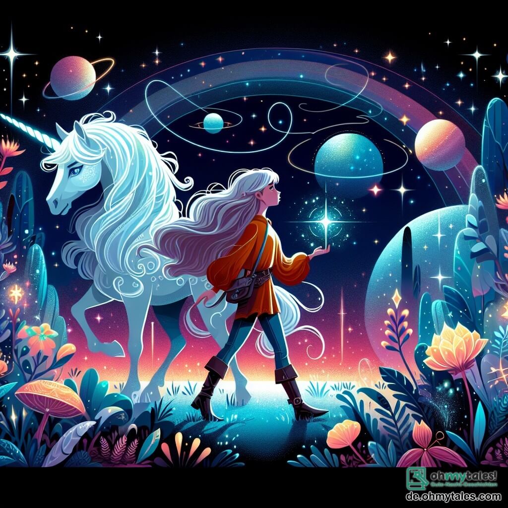 Une illustration destinée aux enfants représentant une jeune femme audacieuse, explorant un mystérieux monde magique aux arbres lumineux et aux fleurs scintillantes, accompagnée d'un majestueux et bienveillant licorne argenté, dans un univers de space fantasy.