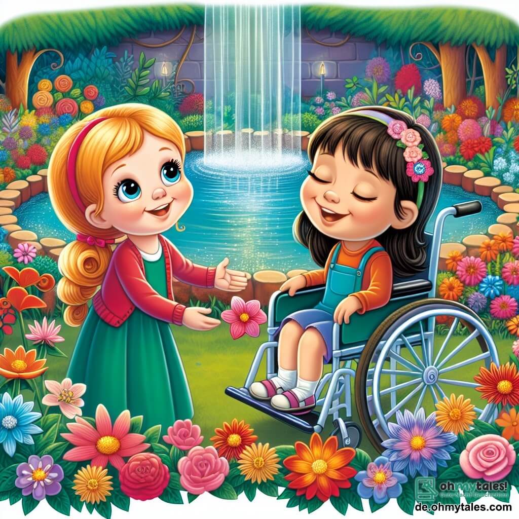 Une illustration destinée aux enfants représentant une petite fille curieuse et joyeuse, une amitié naissante entre une fille en fauteuil roulant et une autre fille, dans un jardin secret aux fleurs multicolores et un étang étincelant.