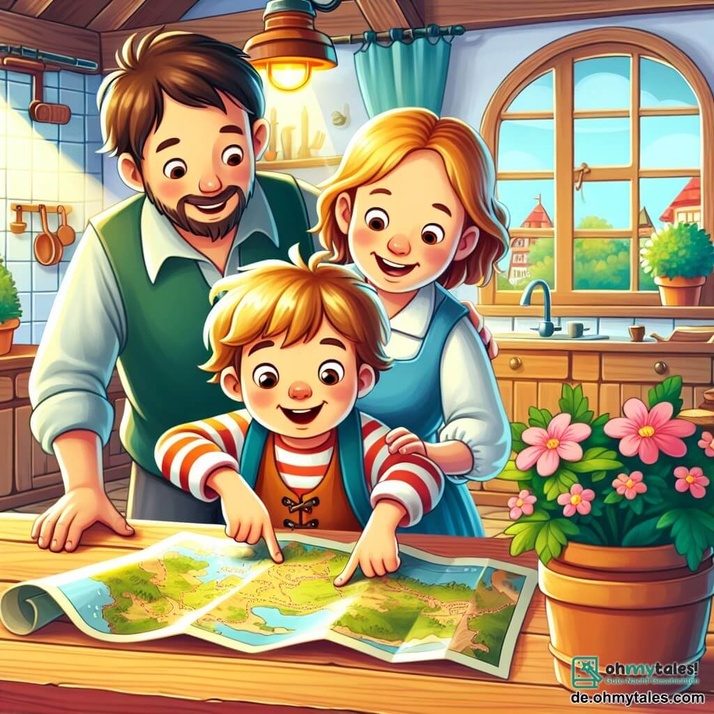 Une illustration destinée aux enfants représentant un garçon joyeux et aventureux, accompagné de ses parents, découvrant une mystérieuse carte au trésor sur une table en bois dans une cuisine chaleureuse et ensoleillée de la petite ville de Himmelblau, entourée de pots de fleurs colorés et d'une fenêtre laissant entrer la lumière du matin.