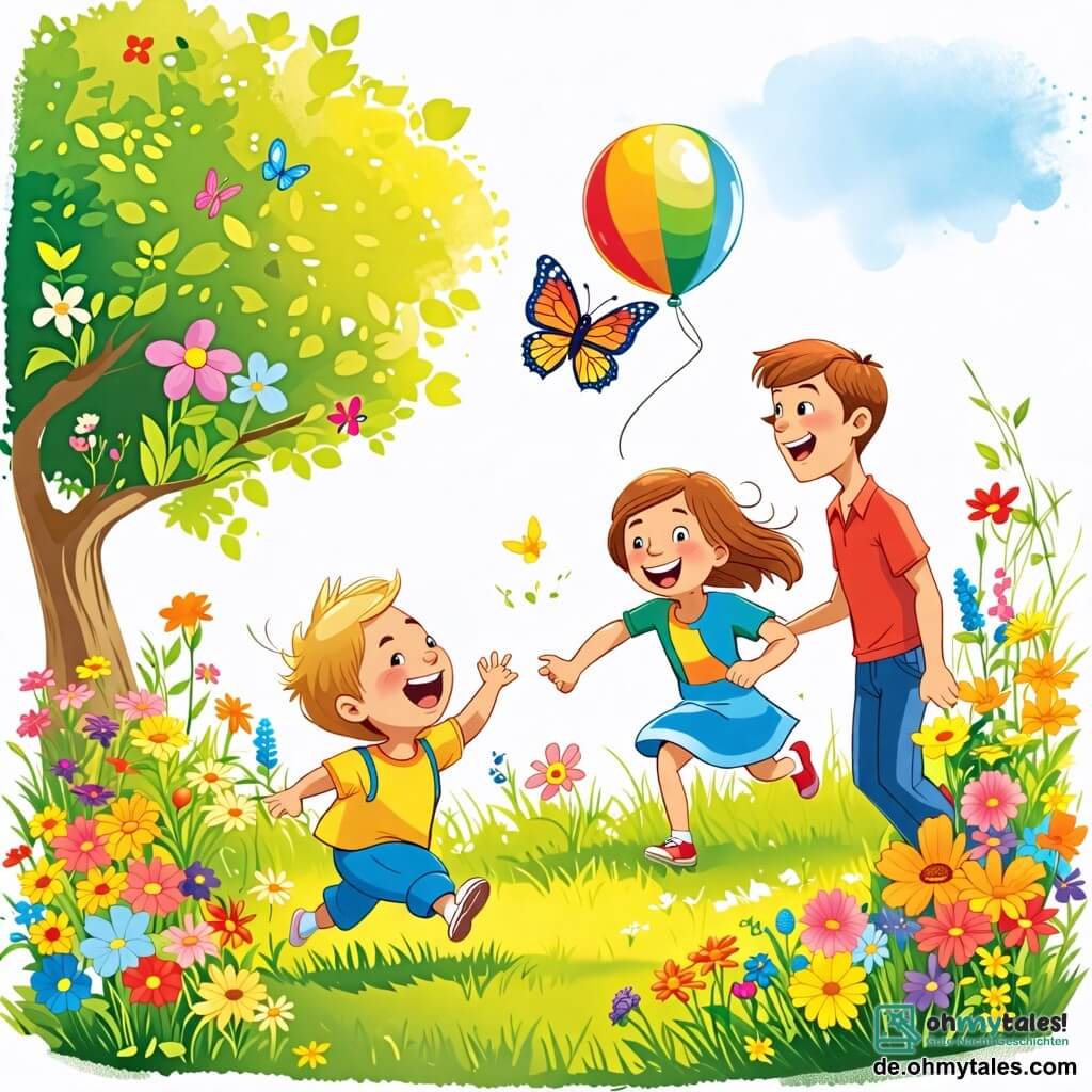 Une illustration sous forme de dessin destinée aux enfants représentant un jardin en été, rempli de fleurs colorées et d'herbe verte, où un petit garçon de 2 ans aux cheveux blonds et aux yeux pétillants rit en courant après un joli schmetterling aux ailes multicolores, tandis que sa maman, une femme souriante aux cheveux bruns, les observe avec tendresse, et son papa, un homme joyeux aux cheveux courts, lance un ballon dans les airs, créant une atmosphère de bonheur et de jeu en famille.