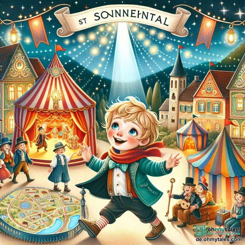 Une illustration destinée aux enfants représentant un petit garçon énergique et curieux, vivant une aventure magique au cirque en compagnie de sa maman, entouré de tentes colorées, de lumières scintillantes et de joyeux artistes, dans la charmante ville de Sonnental.