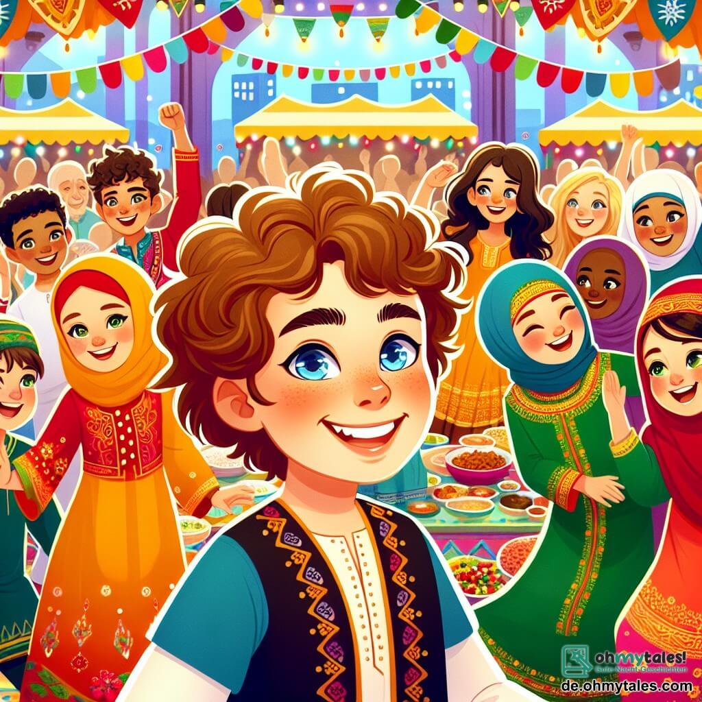 Une illustration sous forme de dessin destinée aux enfants représentant un vibrant festival interculturel dans un centre communautaire coloré, avec un garçon de 11 ans aux cheveux bouclés et aux yeux bleus, souriant et dansant joyeusement au milieu d'un groupe d'enfants, dont une fille d'origine syrienne avec de longs cheveux bruns et une robe traditionnelle colorée, alors qu'ils partagent des rires et des histoires sur leurs cultures respectives, entourés de décorations festives, de stands de nourriture et d'une atmosphère chaleureuse et accueillante.
