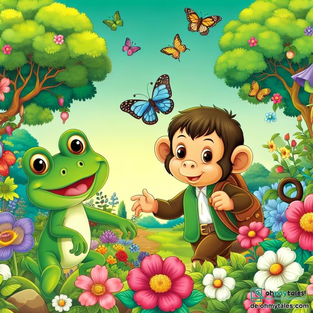 Une illustration destinée aux enfants représentant un petit singe malicieux, une gentille grenouille garçon, et un magnifique jardin luxuriant rempli de fleurs colorées, d'arbres majestueux et de papillons virevoltants.