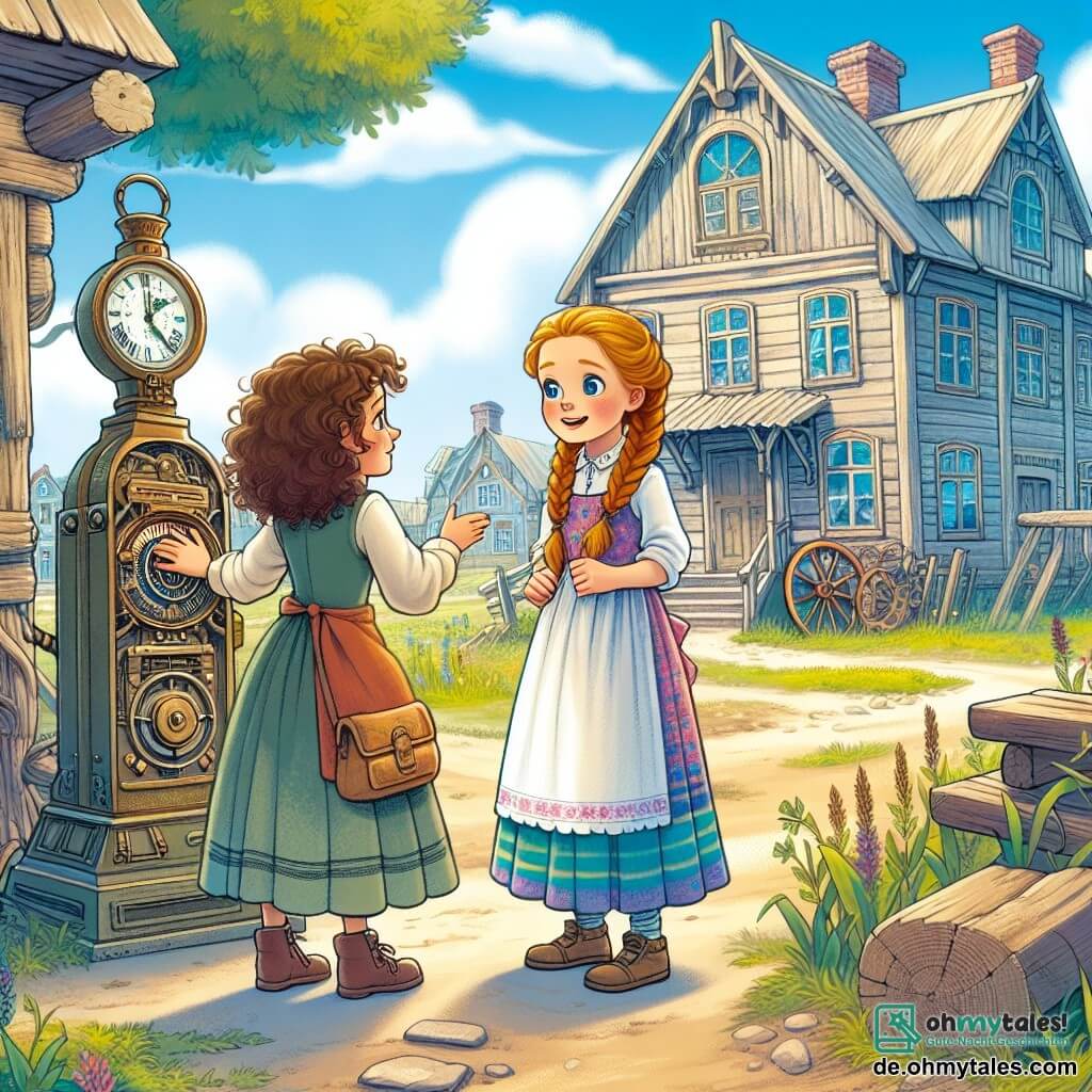 Une illustration sous forme de dessin destinée aux enfants représentant une scène vibrante d'un village pittoresque du passé, avec des maisons en bois et des champs verdoyants sous un ciel bleu clair, où une fille de 11 ans aux cheveux bruns et bouclés, vêtue d'une robe simple et colorée, se tient émerveillée devant une ancienne machine à voyager dans le temps, tandis qu'à ses côtés, une autre fille de son âge, avec des cheveux blonds tressés et un sourire amical, lui montre les merveilles de son monde, illustrant la découverte et l'amitié au cœur d'une aventure temporelle.