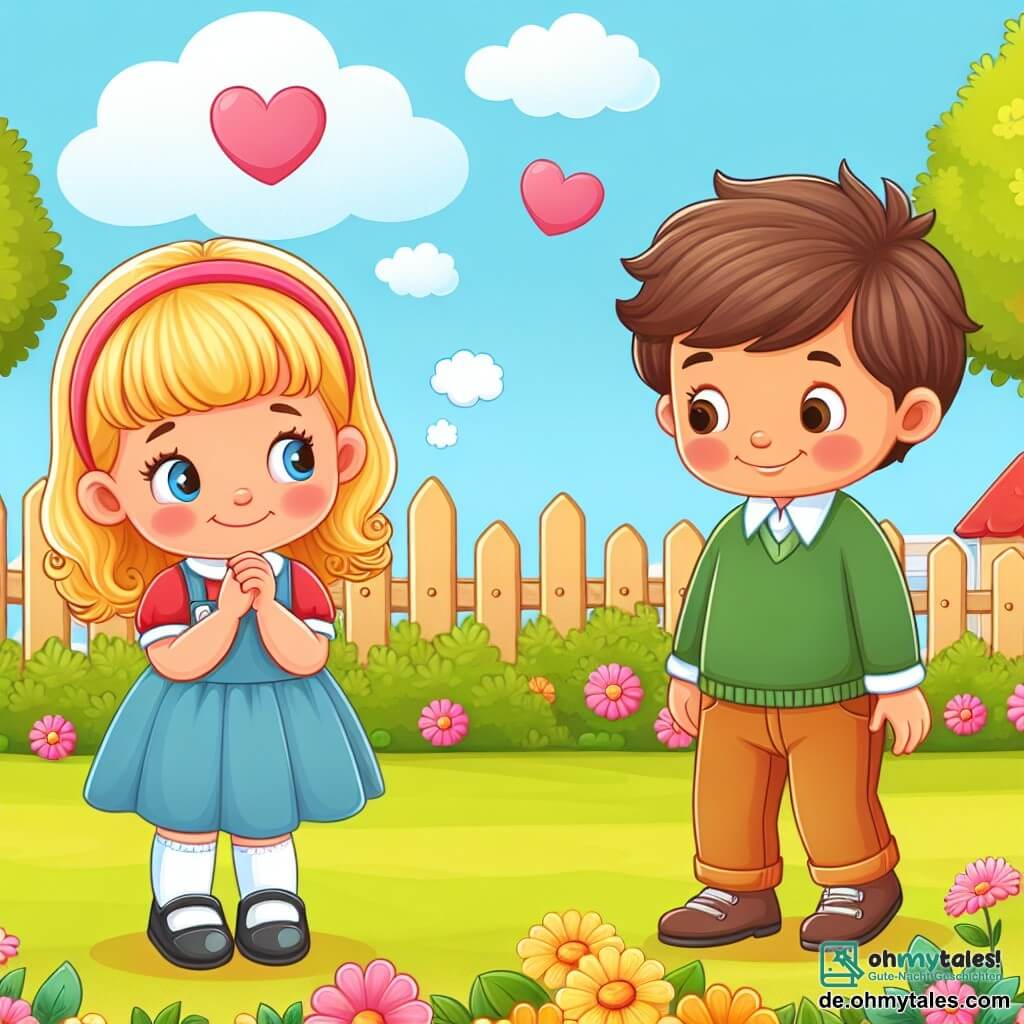 Une illustration destinée aux enfants représentant une petite fille timide et rêveuse faisant la connaissance d'un garçon courageux et amical dans un jardin d'enfants aux couleurs vives et joyeuses.