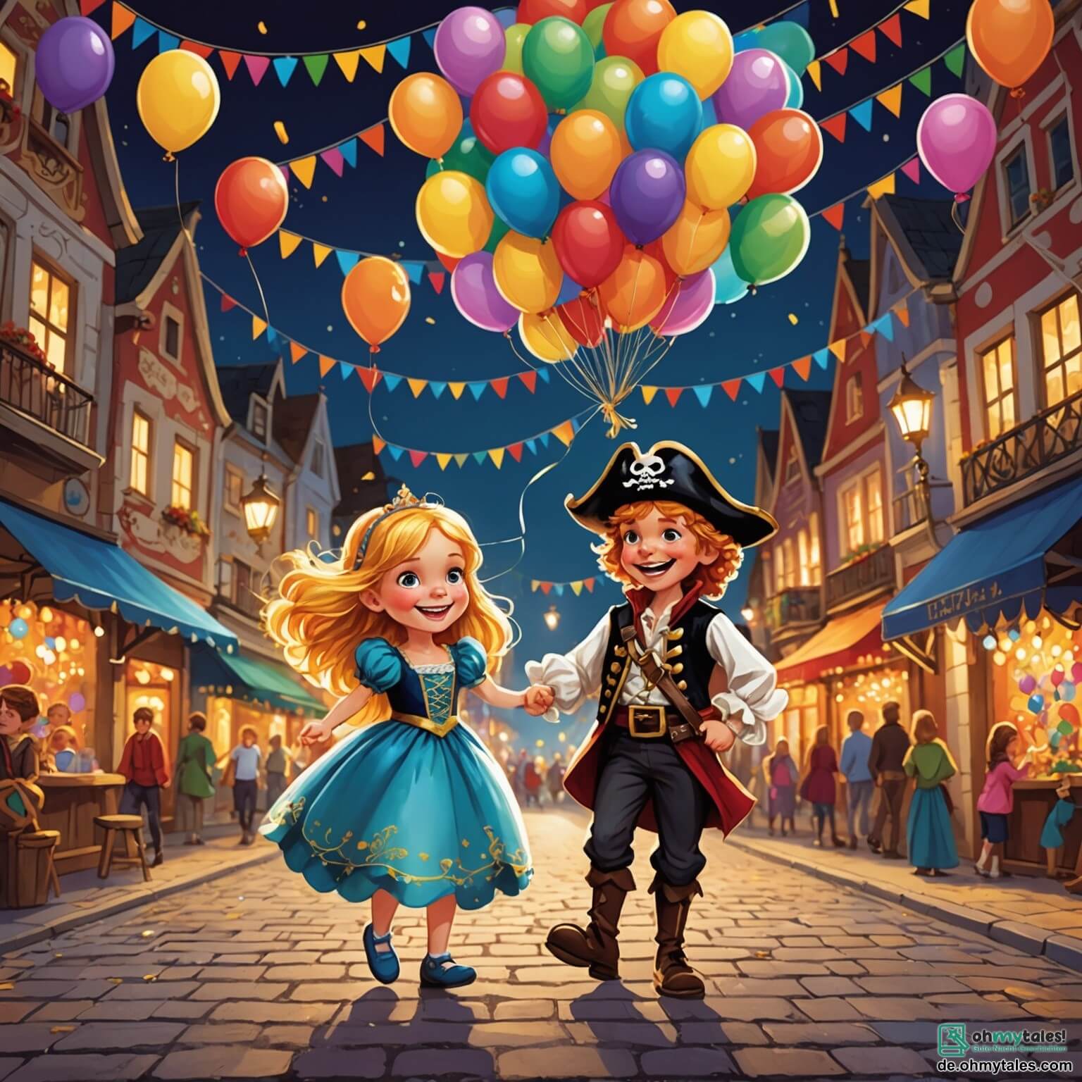 Une illustration destinée aux enfants représentant une petite fille aux cheveux dorés, vêtue d'une robe de princesse scintillante, dans un carnaval vibrant de couleurs où des ballons multicolores flottent dans l'air, entourée d'un garçon déguisé en pirate avec un sourire malicieux, le tout se déroulant dans une rue animée ornée de guirlandes lumineuses et de rires joyeux.