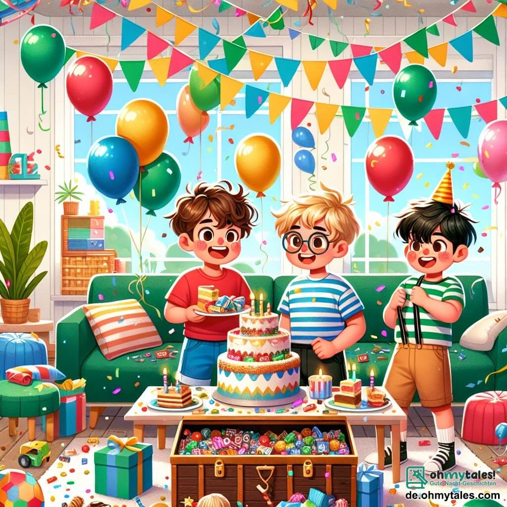 Illustration einer festlichen Szene in einem für einen Geburtstag dekorierten Wohnzimmer. Der Raum ist voller lebendiger Farben: bunte Girlanden hängen von der Decke, und Luftballons schweben in der Luft. In der Mitte steht ein großer Tisch, der mit Kuchen, Keksen und glitzernden Süßigkeiten bedeckt ist, während eine Ecke als Dschungel mit grünen Kissen und Papierpalmen gestaltet ist. Im Vordergrund sind drei Jungen von etwa 10 Jahren. Der erste Junge mit lockigem, braunem Haar trägt ein rotes T-Shirt und blaue Shorts. Er lächelt breit und hält ein Stück Kuchen in der Hand. Der zweite Junge mit blonden Haaren und Brille trägt ein gestreiftes T-Shirt und schaut staunend auf eine große Kiste voller Süßigkeiten. Der dritte Junge mit glattem, schwarzem Haar zieht ein großes, buntes Banner mit der Aufschrift "Joyeux Anniversaire". Die Hauptsituation zeigt die Kinder, die mit Freude und Aufregung ihren Geburtstag feiern, den Schatz an Süßigkeiten in der Kiste entdecken und dabei lachen und Spaß haben. Konfetti fliegt in der Luft und verleiht der Atmosphäre eine festliche Note. Im Hintergrund bringt eine lächelnde Mutter einen großen Kuchen mit brennenden Kerzen, während Lachen im Raum erklingt.