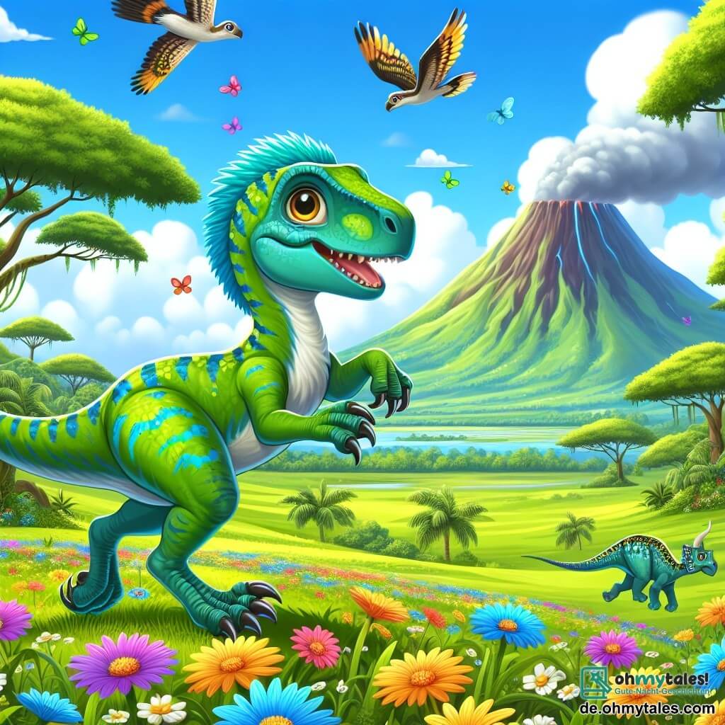 Die Illustration zeigt eine wunderschöne prähistorische Landschaft mit einem weiten, grünen Feld, das mit bunten Blumen und großen Laubbäumen übersät ist. In der Ferne raucht ein majestätischer Vulkan sanft, während Vögel mit leuchtenden Federn am hellblauen Himmel fliegen. Im Vordergrund springt ein Velociraptor mit leuchtend grünen und blauen Federn und neugierigen Augen fröhlich zwischen den Blumen umher. Seine scharfen Klauen und sein schlanker Körper zeigen, dass er agil und energiegeladen ist. Neben ihm beobachtet ein junger dreihorniger Dinosaurier mit grüner Haut und gelben Mustern lächelnd. Er wirkt begeistert, bereit zu spielen und zu erkunden. Die Szene fängt einen Moment der Freude und Freundschaft ein, in dem der Velociraptor und der junge Dinosaurier gemeinsam in dieser neuen Umgebung Spaß haben, umgeben von der Schönheit der prähistorischen Natur. Bunte Schmetterlinge fliegen um sie herum und verleihen der Illustration einen Hauch von Magie.