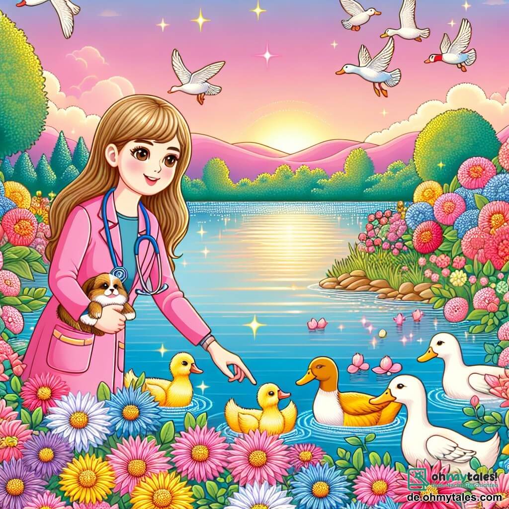 Une illustration destinée aux enfants représentant une jeune femme vétérinaire passionnée, aidant une famille de canards à rejoindre un étang scintillant entouré de fleurs colorées, sous un ciel rose pastel.