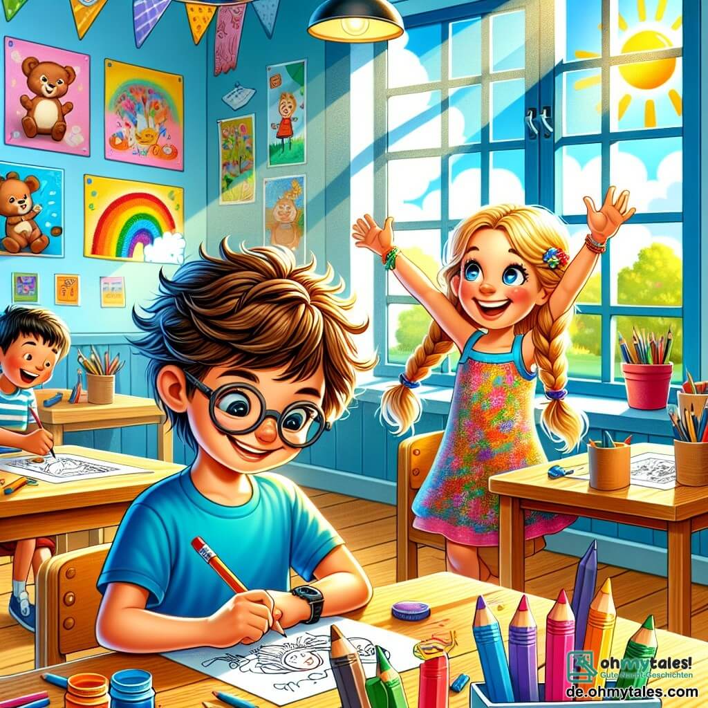 Illustration einer lebhaften Szene in einem bunten und einladenden Klassenzimmer. Die Wände sind mit Kinderzeichnungen und Lehrpostern geschmückt, während Fenster Sonnenlicht hereinlassen, das die Holztische erhellt. Im Vordergrund sitzt ein etwa 9-jähriger Junge mit unordentlichen braunen Haaren und einer Brille an einem Tisch, konzentriert auf sein Zeichnen. Er trägt ein leuchtend blaues T-Shirt und Shorts. Neben ihm bewundert ein 8-jähriges Mädchen mit langen, geflochtenen blonden Haaren und strahlendem Lächeln sein Werk. Sie ist in einem bunten Blumenkleid gekleidet. Im Hintergrund steht ein anderer etwa 9-jähriger Junge mit schwarzen Haaren und Sonnenbrille auf dem Kopf, der die Arme in die Luft hebt, als hätte er ein Spiel gewonnen. Er trägt ein rotes T-Shirt und Jeans. Die Hauptsituation zeigt die Kinder, die gemeinsam an einem Kunstprojekt arbeiten, umgeben von bunten Materialien: Stifte, Farben und Papier. Die Atmosphäre ist fröhlich und kreativ, erfüllt von Lachen und Aufregung, was Freundschaft und Lernen in der Schule symbolisiert.