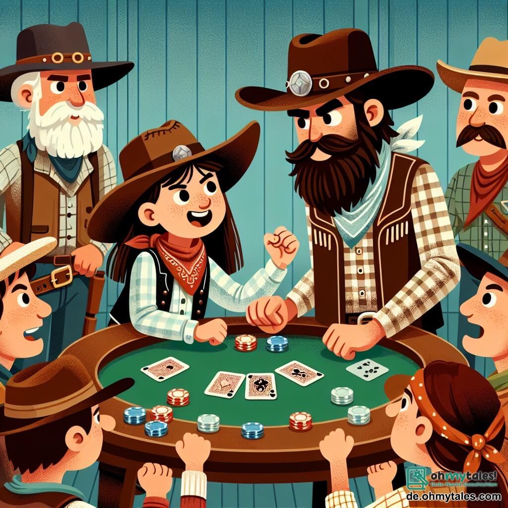 Une illustration sous forme de dessin destinée aux enfants représentant un saloon animé dans une petite ville du Far West, avec une femme cowgirl aux cheveux châtains, portant un chapeau de cowboy et un gilet en cuir, défiant un homme grand et barbu, vêtu d'une chemise à carreaux et d'un bandana, alors qu'ils se tiennent face à face autour d'une table de poker, entourés de spectateurs curieux aux visages expressifs, illustrant le moment où la cowgirl courageuse lance un défi à son adversaire pour sauver sa ville de l'injustice.