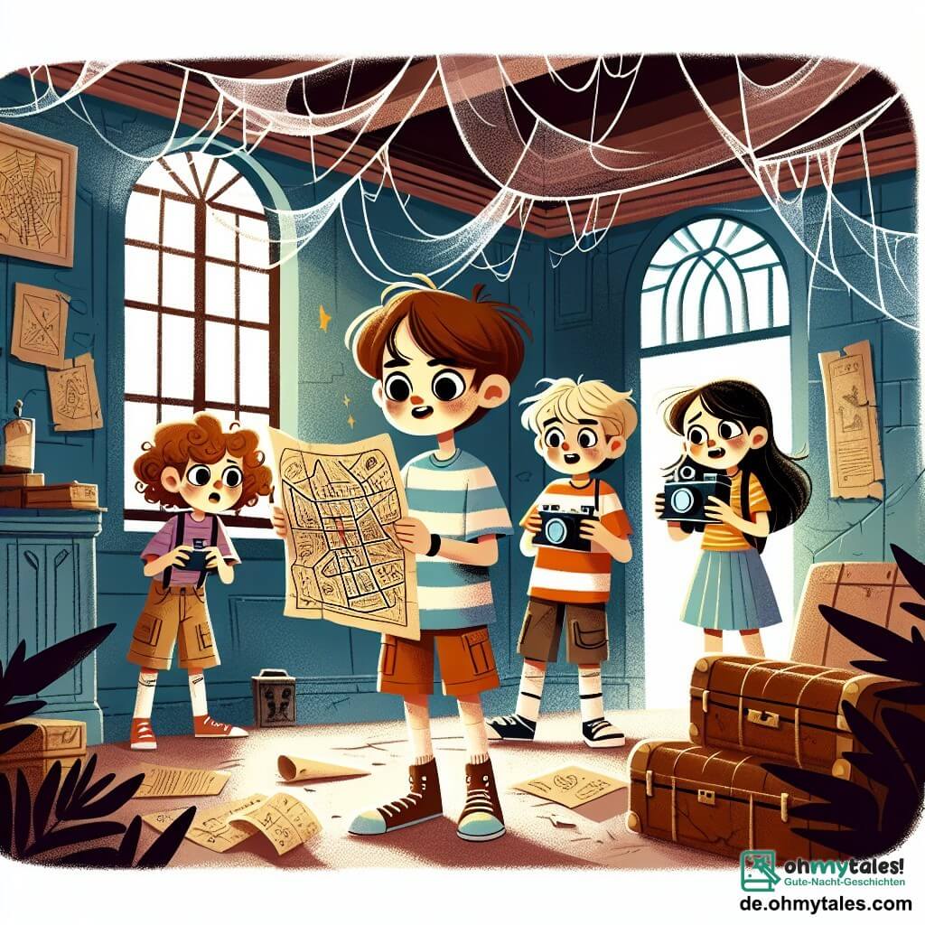 Une illustration sous forme de dessin destinée aux enfants représentant l'intérieur d'un vieux manoir mystérieux, avec des murs recouverts de toiles d'araignées et des meubles poussiéreux, où un garçon de 12 ans aux cheveux châtains et aux yeux pétillants, portant un t-shirt à rayures et un short, examine avec curiosité une vieille carte au trésor, tandis que ses trois amis, une fille aux cheveux bouclés et bruns tenant une caméra, un garçon aux lunettes et aux cheveux blonds cherchant des indices, et une autre fille aux cheveux longs et noirs, regardant autour d'elle avec un air intrigué, l'aident à résoudre le mystère d'une ancienne kiste cachée.