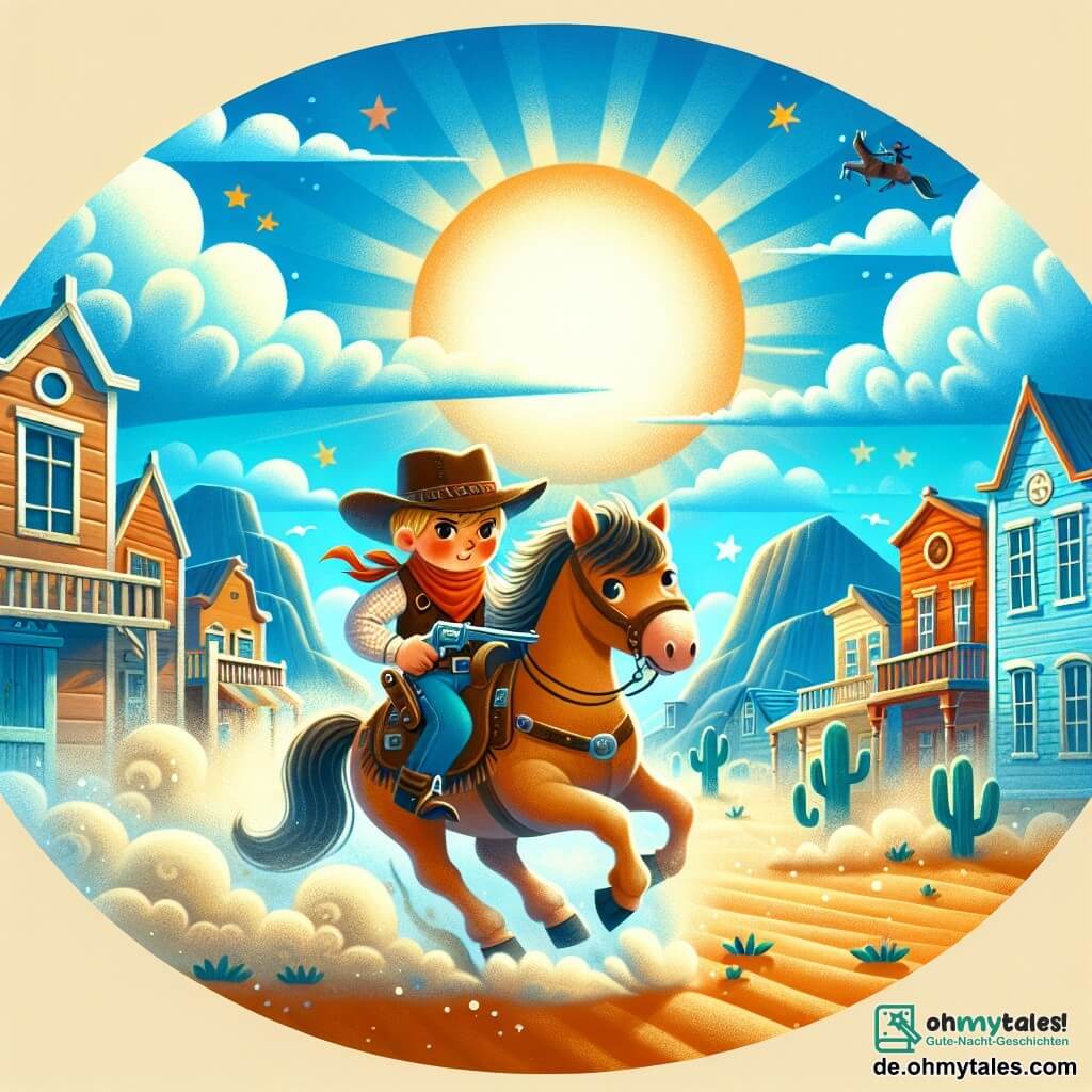 Une illustration destinée aux enfants représentant un jeune cow-boy courageux, affrontant des bandits avec l'aide de son fidèle cheval dans la poussière tourbillonnante d'une petite ville du Far West, sous un ciel bleu azur et un soleil éclatant.