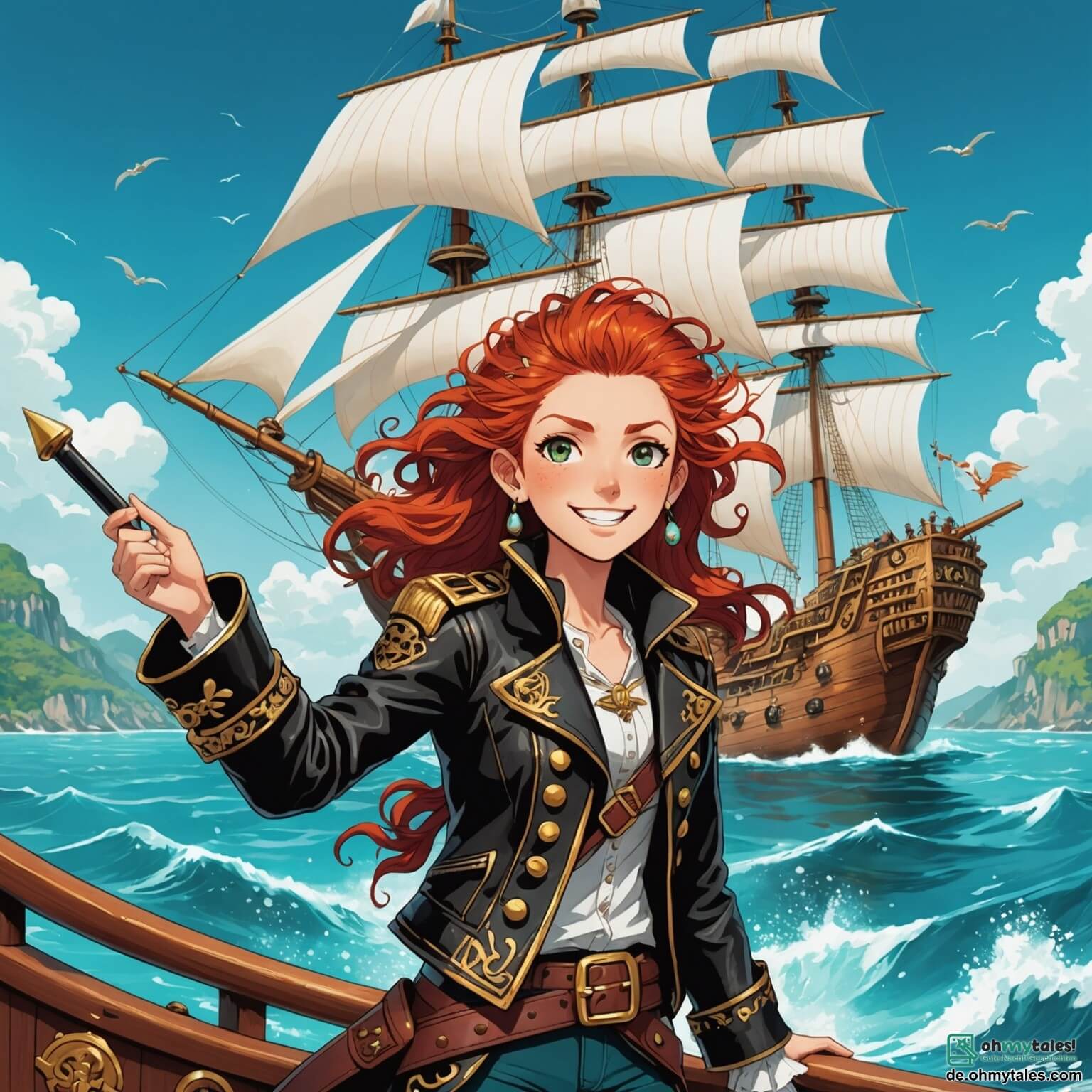 Une illustration destinée aux enfants représentant une intrépide capitaine aux cheveux flamboyants, vêtue d'une veste en cuir ornée de broderies dorées, naviguant avec audace sur un majestueux navire pirate aux voiles blanches, au milieu d'une mer turquoise parsemée d'îles verdoyantes et de récifs coralliens, tandis qu'elle est entourée de son fidèle jeune garçon au sourire malicieux, toujours prêt à faire une blague, et de sa sage navigatrice aux yeux pétillants, tous trois en quête d'un trésor caché sur une mystérieuse île où des Wuschelmonsters espiègles dansent joyeusement parmi les arbres tropicaux, illuminés par le doux soleil couchant.