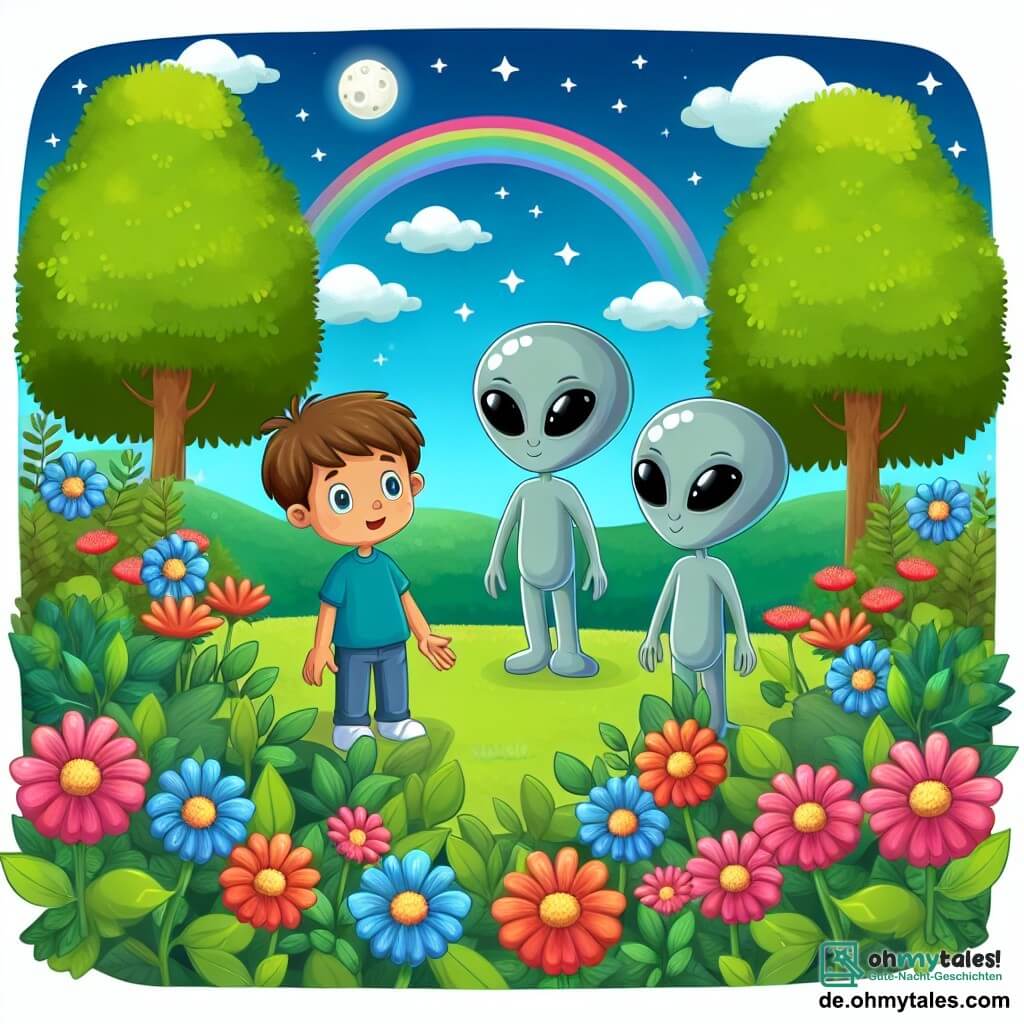 Une illustration destinée aux enfants représentant un garçon curieux faisant la rencontre de trois sympathiques extraterrestres dans un jardin verdoyant rempli de fleurs colorées et un ciel bleu azur.