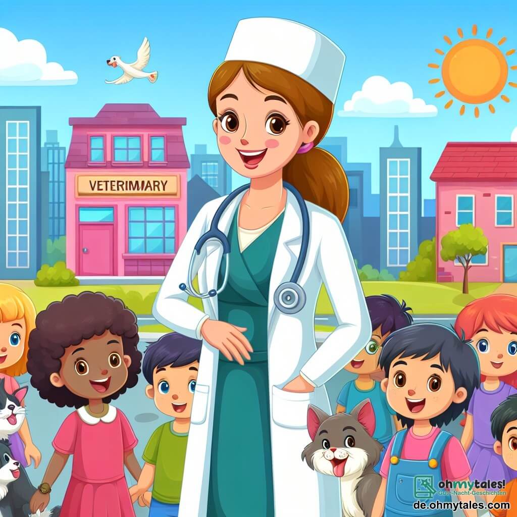 Une illustration destinée aux enfants représentant une jeune femme vétérinaire passionnée, accompagnée d'une classe d'enfants curieux, explorant une clinique vétérinaire colorée et accueillante située au cœur d'une ville ensoleillée.