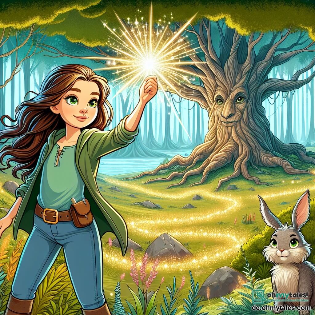 Une illustration sous forme de dessin destinée aux enfants représentant une vaste clairière enchantée au cœur d'une forêt mystique, où une jeune femme aux longs cheveux bruns brillants et aux yeux verts pétillants se tient avec détermination, levant un cristal lumineux vers un immense arbre ancien aux branches majestueuses, tandis qu'un petit lapin zottelé aux grandes oreilles l'observe avec curiosité, et des éclats de lumière magique dansent autour d'eux, symbolisant la quête pour sauver le royaume de la sombre menace qui pèse sur le bois.