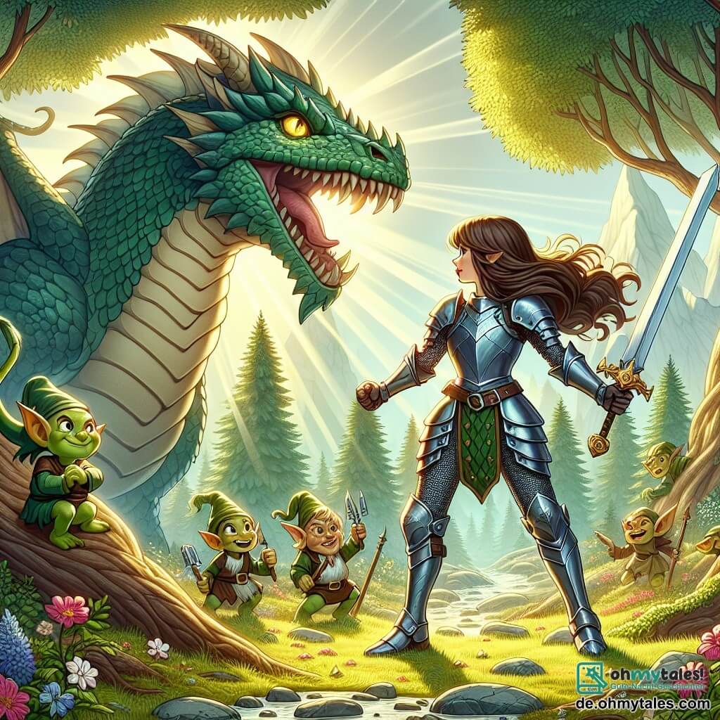 Une illustration sous forme de dessin destinée aux enfants représentant une vaste clairière ensoleillée au cœur d'une forêt magique, où une courageuse chevaleresse aux longs cheveux bruns, vêtue d'une armure étincelante et brandissant un épée brillante, se tient fièrement face à un grand dragon aux écailles vertes, tandis qu'un groupe de petits gobelins aux visages malicieux et aux yeux pétillants observe la scène depuis derrière un arbre, illustrant le moment où la chevaleresse se prépare à défier le dragon pour récupérer un artefact volé, avec des fleurs colorées et des rayons de soleil filtrant à travers les branches des arbres environnants.