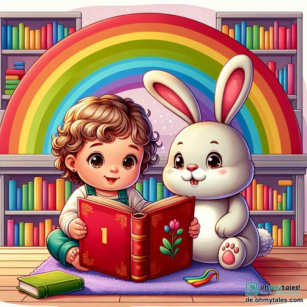Une illustration sous forme de dessin destinée aux enfants représentant une bibliothèque colorée avec de grandes étagères remplies de livres, où une petite fille de 1 an aux cheveux bouclés et aux yeux pétillants est assise sur un tapis moelleux, tenant un livre ancien rouge dans ses petites mains, tandis qu'un adorable petit lapin en peluche, avec de grandes oreilles et un sourire amical, l'observe attentivement, alors qu'ils cherchent ensemble un marque-page perdu sous une table en bois, créant une atmosphère de curiosité et d'aventure.