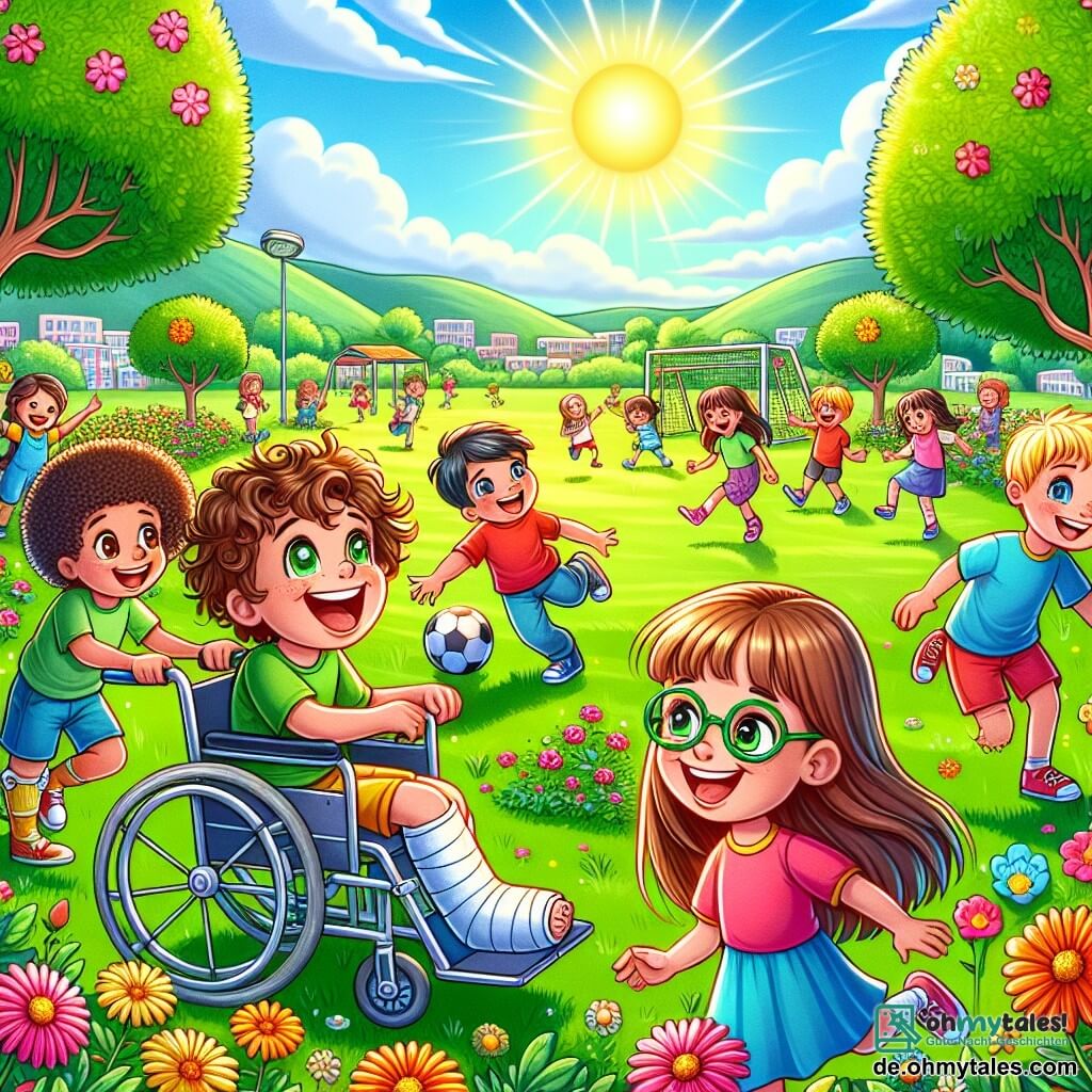 Eine Illustration zeigt einen sonnigen Park, gefüllt mit bunten Blumen und grünen Bäumen. In der Mitte befindet sich eine grüne Wiese, auf der Kinder fröhlich spielen. Ein etwa 10-jähriger Junge mit lockigem Haar und strahlendem Lächeln schiebt einen Rollstuhl. Neben ihm lacht ein 9-jähriges Mädchen mit langen, braunen Haaren und einem Verband am Bein. Ein weiterer 10-jähriger Junge mit funkelnden Augen hält einen Fußball, während ein vierter Junge, ebenfalls 10 Jahre alt, mit Brille und großem Lächeln enthusiastisch näher kommt. Die Szene zeigt die Kinder, die gemeinsam spielen, mit Lachen und Freude, und verkörpert den Geist von Freundschaft und Inklusion. Im Hintergrund gesellen sich weitere Kinder zu ihnen und schaffen eine Atmosphäre von Kameradschaft und Unterstützung. Lebendige Farben und fröhliche Ausdrücke betonen die Bedeutung von Freundschaft, selbst in schwierigen Zeiten.