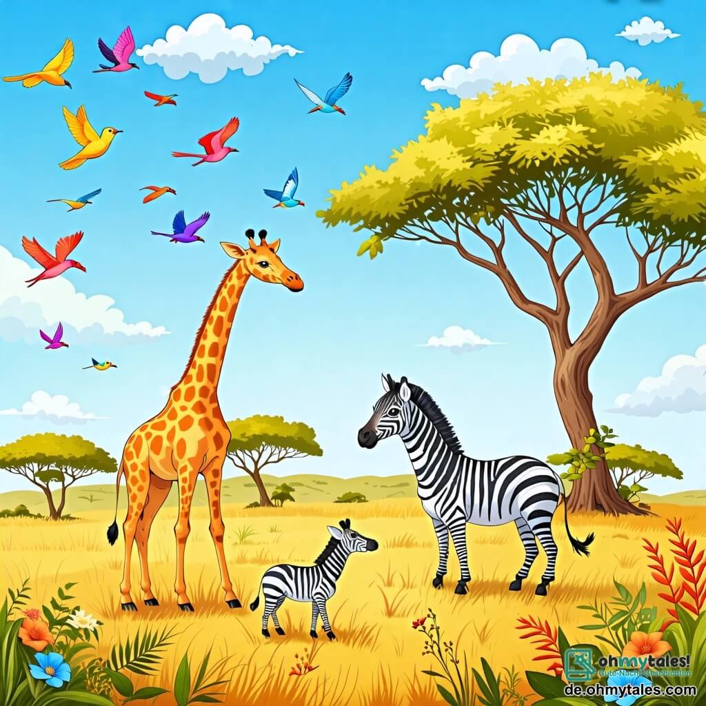 Une illustration sous forme de dessin destinée aux enfants représentant une vaste savanne ensoleillée avec des acacias verdoyants, où une grande girafe au long cou et aux taches dorées se penche gracieusement pour offrir des feuilles juteuses à un petit zèbre aux rayures noires et blanches, qui sourit joyeusement en levant la tête, tandis qu'un groupe d'oiseaux colorés vole dans le ciel bleu, symbolisant l'amitié et le partage entre les animaux.