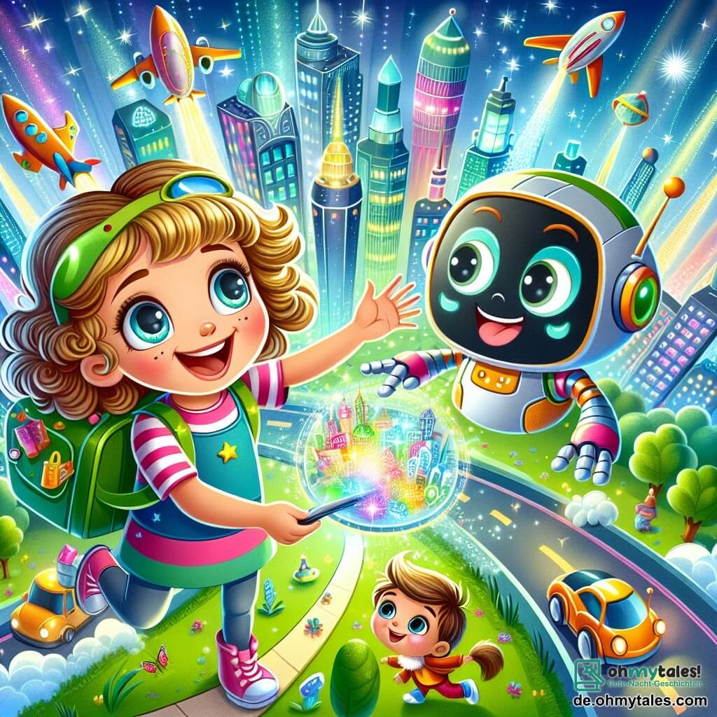 Une illustration sous forme de dessin destinée aux enfants représentant une ville futuriste éclatante avec des bâtiments scintillants et des voitures volantes, où une petite fille de 5 ans aux grands yeux curieux et aux cheveux bouclés joue joyeusement avec un koffer magique coloré, tandis qu'un robot assistant souriant à ses côtés l'encourage, le tout dans une ambiance de camaraderie et d'aventure, alors qu'ils aident un petit oiseau à retrouver son nid dans un parc verdoyant.