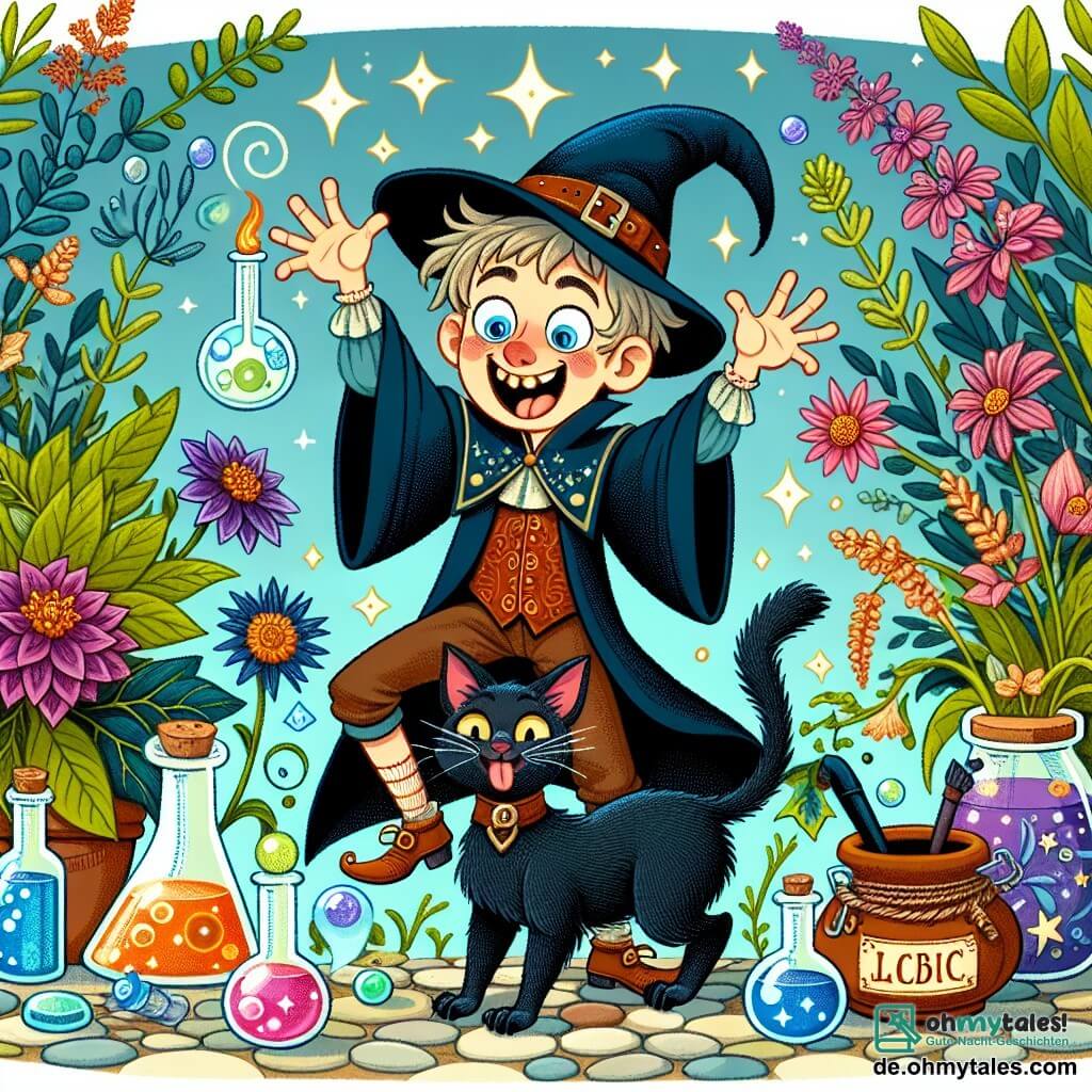 Une illustration destinée aux enfants représentant un jeune sorcier maladroit en train de faire des tours de magie hilarants, accompagné de son fidèle chat noir, dans un jardin enchanté rempli de plantes colorées et de potions étincelantes.