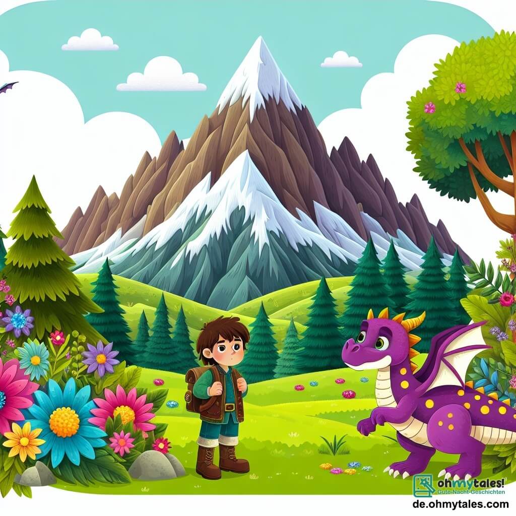 Une illustration destinée aux enfants représentant un garçon intrépide se tenant devant une montagne escarpée et impossible à gravir, accompagné d'un petit dragon violet à pois dorés, dans une vallée verdoyante bordée de fleurs multicolores et d'arbres majestueux.