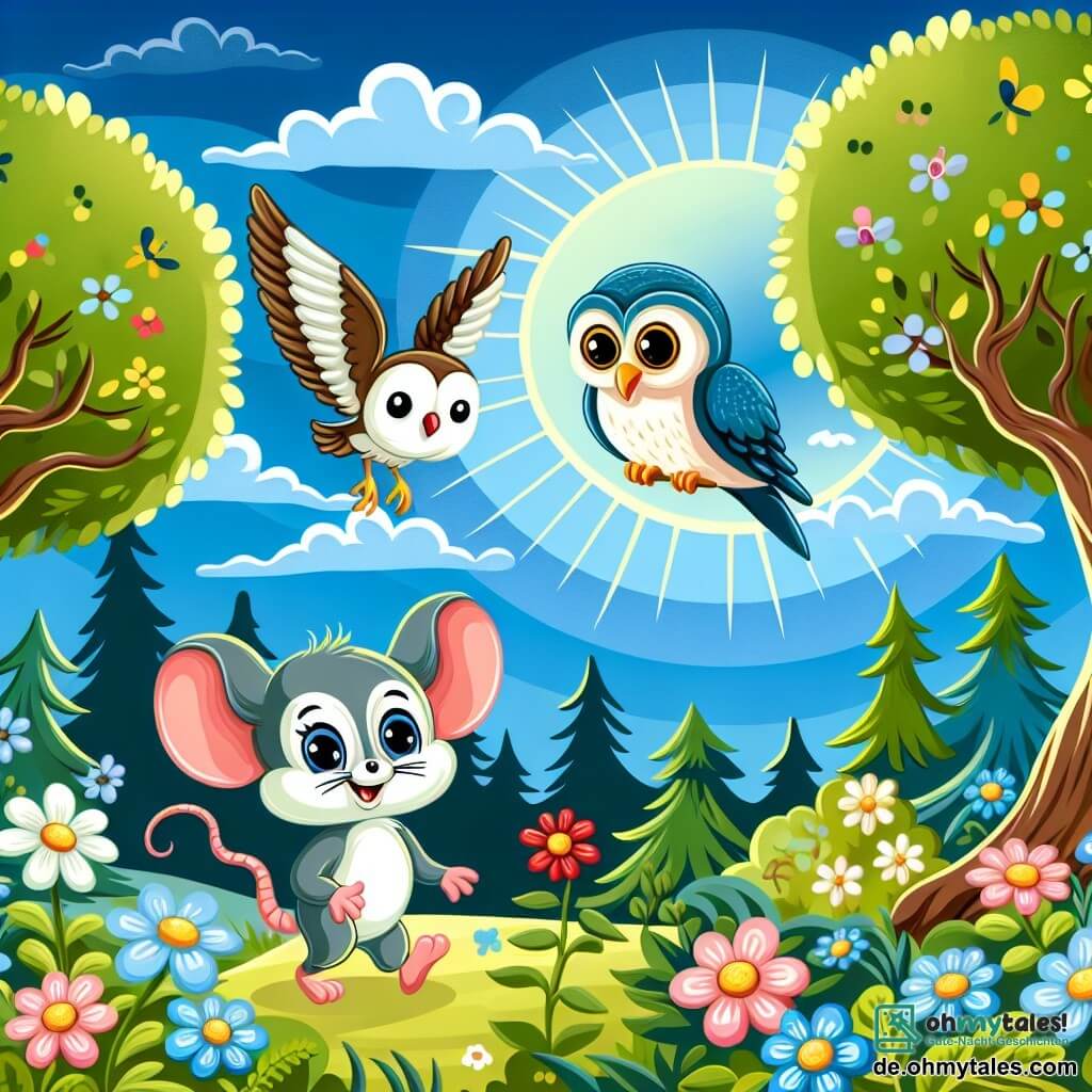 Une illustration destinée aux enfants représentant une petite souris malicieuse, un(e) hibou/hirondelle, et une forêt enchantée avec des arbres verts, des fleurs colorées et un ciel bleu azur.