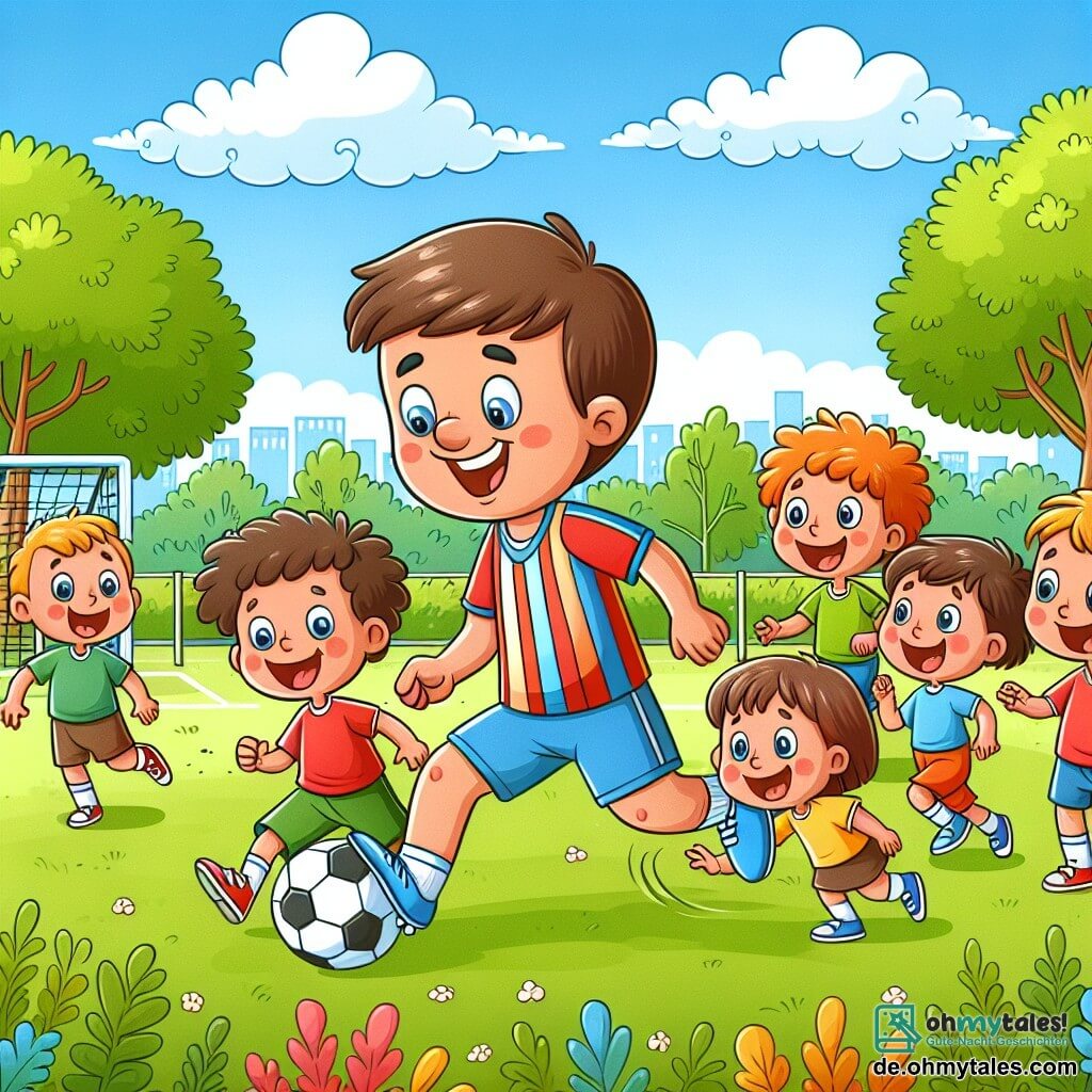 Une illustration sous forme de dessin destinée aux enfants représentant un parc ensoleillé avec des arbres verdoyants et un terrain de football, où un homme athlétique aux cheveux bruns et courts, portant un maillot coloré et des chaussures de foot, montre aux enfants comment dribbler un ballon, tandis qu'un groupe de garçons et de filles aux cheveux variés, souriants et enthousiastes, essaie de le copier en riant et en tombant parfois, créant une atmosphère joyeuse et amicale autour du jeu.