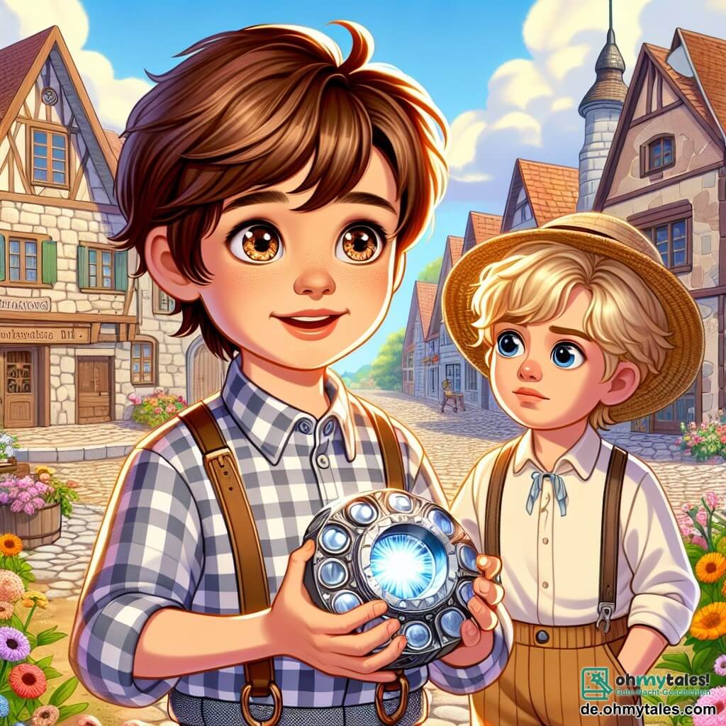 Une illustration sous forme de dessin destinée aux enfants représentant un charmant village du 19ème siècle avec des maisons en pierre et des rues pavées, où un garçon de 9 ans aux cheveux châtains et aux yeux pétillants, vêtu d'une chemise à carreaux et de pantalons courts, tient un mystérieux appareil métallique brillant dans ses mains, tandis qu'un ami de son âge, aux cheveux blonds et portant un chapeau de paille, l'observe avec curiosité, tous deux fascinés par le voyage dans le temps qu'ils viennent de vivre, entourés de fleurs colorées et d'une atmosphère ensoleillée.