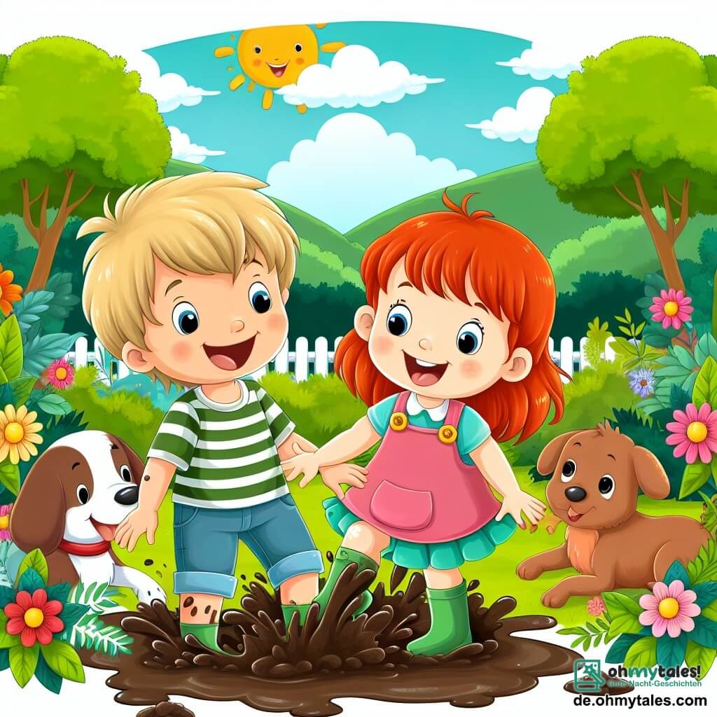 Une illustration destinée aux enfants représentant un petit garçon joyeux en train de jouer avec sa nouvelle amie, une fille aux cheveux roux, dans un jardin rempli de boue et de matière, entouré de fleurs colorées et d'un chien joueur.