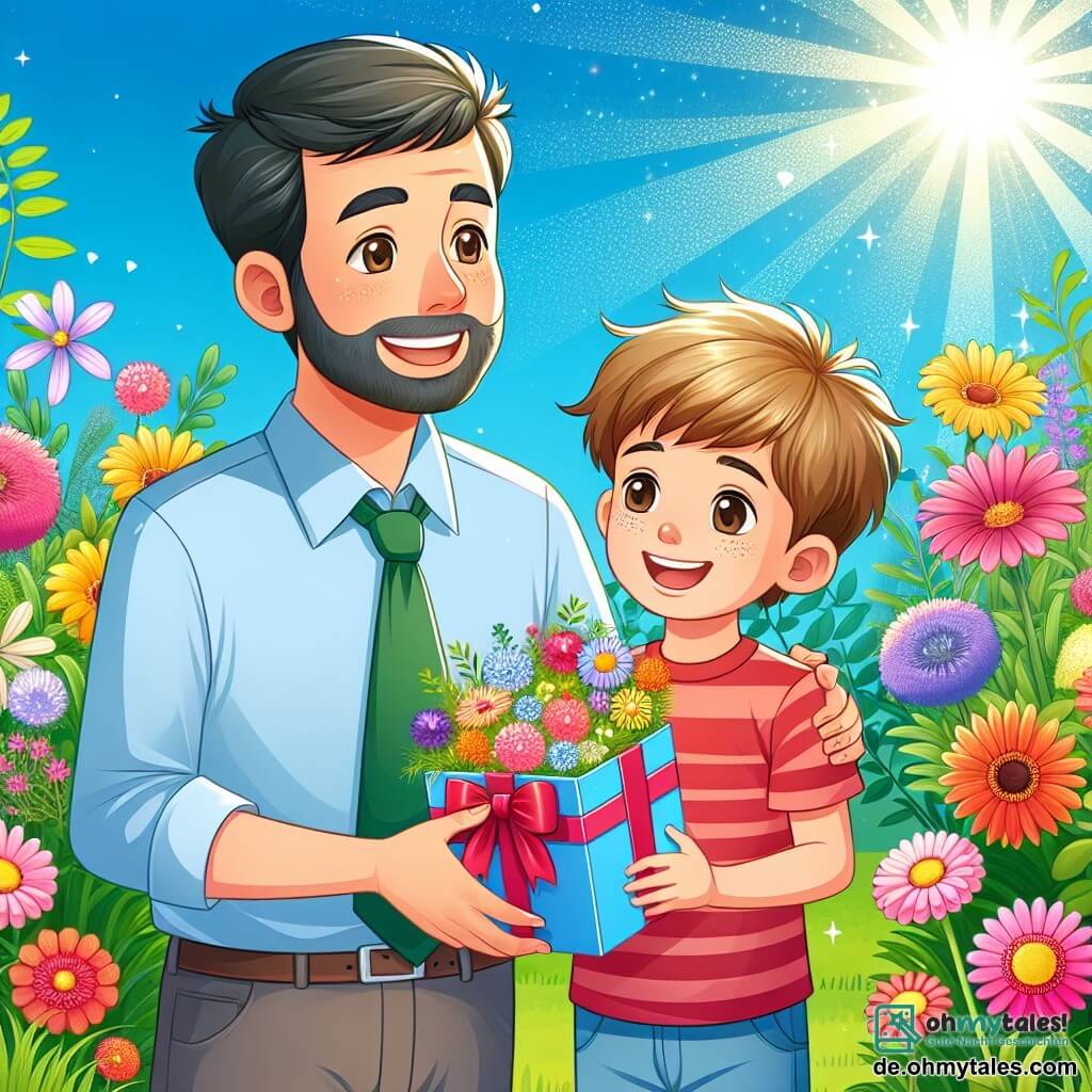 Une illustration destinée aux enfants représentant un garçon joyeux préparant des cadeaux pour la Fête des Pères, accompagné de son papa bienveillant, dans un jardin ensoleillé rempli de fleurs colorées et d'herbe verte.