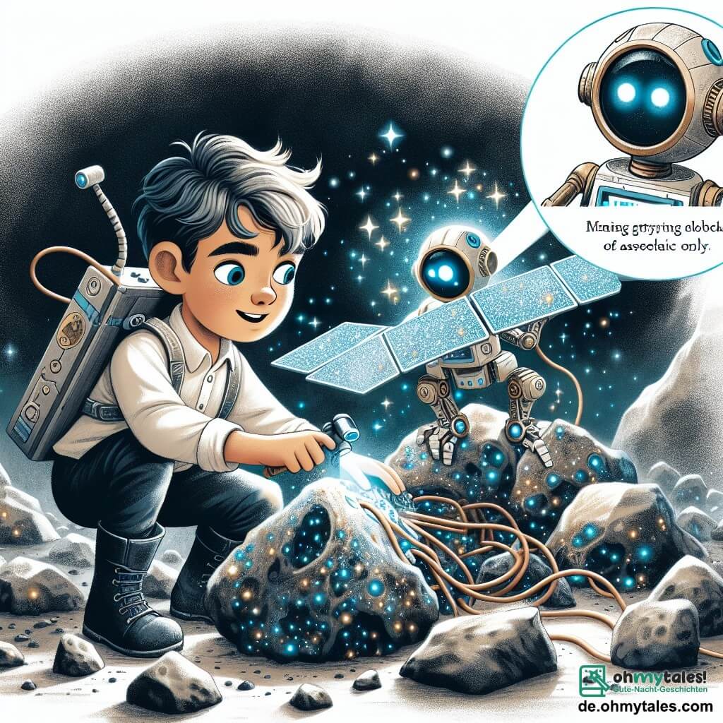 Une illustration destinée aux enfants représentant un jeune homme courageux en train de réparer un satellite endommagé, accompagné de son fidèle robot aux yeux lumineux, surplombant le mystérieux et scintillant astéroïde de Zogos.