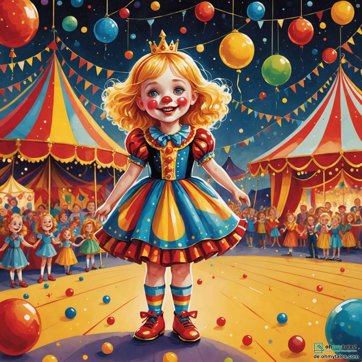 Une illustration destinée aux enfants représentant une petite fille aux cheveux dorés et aux yeux pétillants, vêtue d'une robe colorée ornée de paillettes scintillantes, se tenant émerveillée devant un cirque flamboyant aux chapiteaux rayés de rouge et de jaune, où des lumières étincelantes dansent dans la nuit étoilée, tandis qu'un clown joyeux avec une grande nez rouge et des chaussures géantes jongle avec des balles multicolores, et un majestueux tigre aux rayures dorées, qui se prélasse dans son enclos, se prépare à épater le public sous le regard admiratif du dompteur, un homme en costume flamboyant, tout cela se déroulant dans une ambiance festive remplie de rires et de magie, où la petite fille rêve de devenir la princesse du cirque, partageant des moments inoubliables avec ses nouveaux amis.