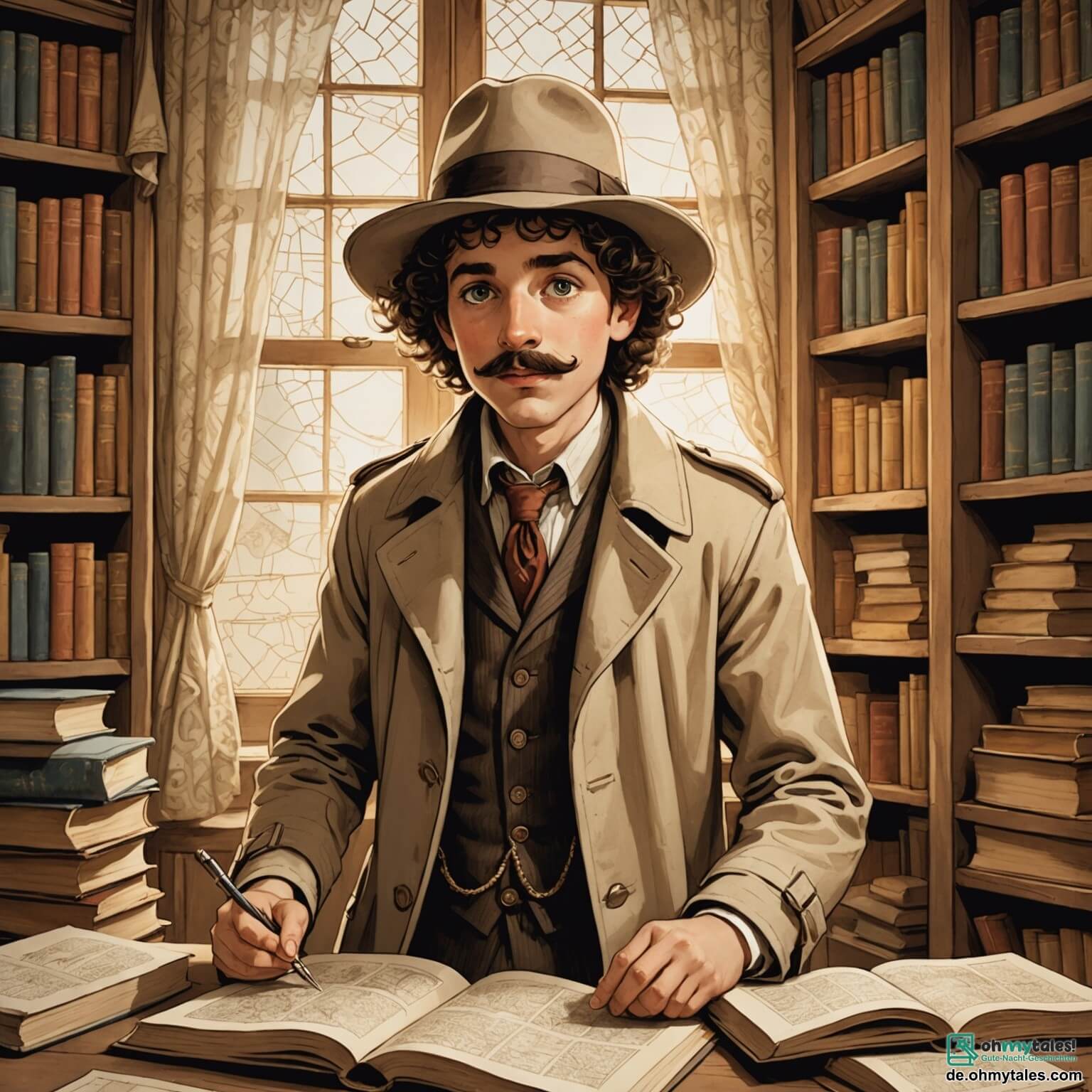 Une illustration destinée aux enfants représentant un homme au regard pétillant et à la moustache soignée, vêtu d'un vieux chapeau en feutre et d'un trench-coat beige, se tenait dans une pièce remplie de livres poussiéreux et de cartes anciennes, où une fille courageuse aux cheveux bouclés et aux yeux brillants l'aidait à résoudre le mystère du trésor disparu, tandis que la lumière tamisée filtrée par les rideaux en dentelle dansait sur les murs ornés de posters de vieux films de détectives.