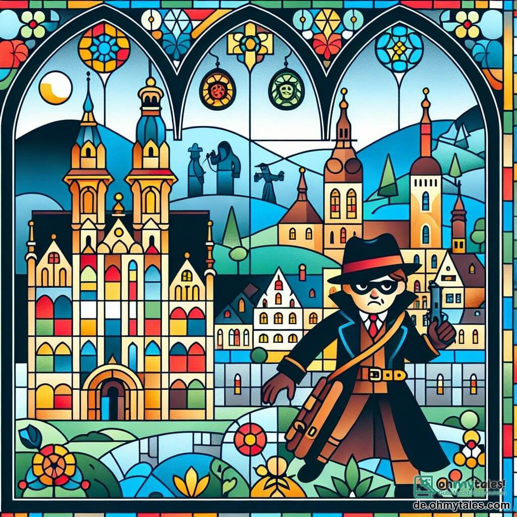 Une illustration destinée aux enfants représentant un détective malin et courageux, un voleur mystérieux, une ville pittoresque nommée Himmelsdorf, et un musée ancien aux fenêtres ornées de vitraux colorés.