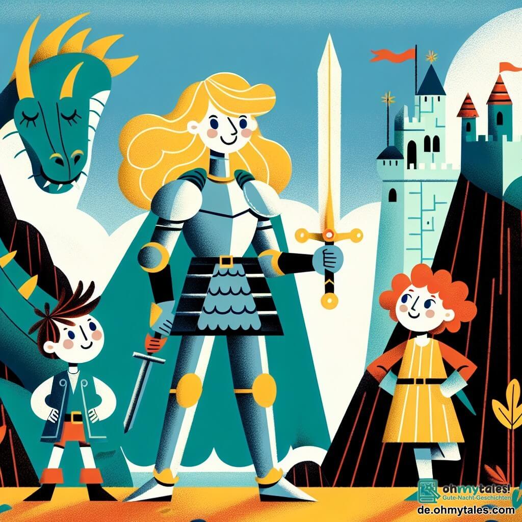 Une illustration sous forme de dessin destinée aux enfants représentant une scène héroïque dans un royaume féerique, où une courageuse chevaleresse aux cheveux longs et dorés, portant une armure étincelante et brandissant un épée brillante, se tient fièrement devant un grand dragon endormi sur une falaise escarpée, tandis qu'un jeune garçon aux yeux écarquillés et une petite fille agile aux cheveux bouclés, tous deux vêtus de vêtements colorés, observent avec admiration et excitation, prêts à l'aider à sauver la princesse retenue captive dans un château au sommet de la montagne.