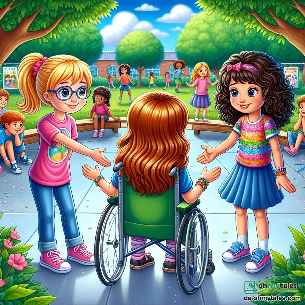 Eine Illustration zeigt eine lebhafte Szenerie auf einem Schulhof mit grünen Bäumen und strahlend blauem Himmel. Im Mittelpunkt stehen drei Mädchen von etwa 10 Jahren, die zusammen stehen und warme Lächeln zeigen. Eine von ihnen, mit blonden Haaren und Brille, trägt ein rosa T-Shirt und Jeans und reicht einer neuen Mitschülerin, die schüchtern auf einer Bank sitzt, die Hand. Das zweite Mädchen, mit braunen, lockigen Haaren, trägt ein buntes Kleid und ein handgemachtes Armband und blickt freundlich zur Neuen. Das dritte Mädchen, mit schwarzen, glatten Haaren, sitzt im Rollstuhl, lächelt und winkt freundlich.

Die neue Mitschülerin, ein Mädchen mit glatten, kastanienbraunen Haaren, trägt ein blaues T-Shirt und einen Rock und wirkt überrascht, aber glücklich über die Einladung. Im Hintergrund spielen andere Kinder, einige lachen, während andere neugierig die Szene beobachten. Bunte Plakate an einer nahegelegenen Wand kündigen eine Woche zur Sensibilisierung gegen Mobbing an und verleihen der Atmosphäre eine positive Note. Diese Illustration fängt einen Moment der Solidarität und Freundschaft ein und symbolisiert die Bedeutung, sich gegenseitig in schwierigen Zeiten zu unterstützen.