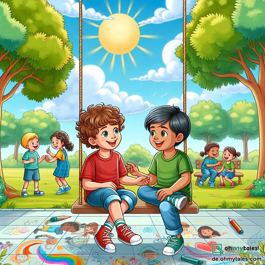 Eine Illustration, die einen sonnigen Nachmittag in einem grünen Park darstellt, mit Bäumen mit leuchtenden Blättern und einem blauen Himmel, der mit flauschigen weißen Wolken übersät ist. Im Mittelpunkt des Bildes sitzen zwei zwölfjährige Jungen, einer mit lockigen braunen Haaren, der ein rotes T-Shirt und eine blaue Shorts trägt, und der andere mit glatten schwarzen Haaren, gekleidet in einem grünen T-Shirt und Jeans, auf einer Schaukel. Sie tauschen verschwörerische Lächeln aus, umgeben von bunten Zeichnungen auf dem Boden, die Familienszenen und Freundschaft darstellen. Im Hintergrund spielen andere Kinder fröhlich, während eine Gruppe von Erwachsenen auf einer Bank diskutiert und eine Atmosphäre von Kameradschaft und Unterstützung schafft. Die Sonnenstrahlen erhellen die Szene und verleihen diesem Moment des Teilens und des Verständnisses eine warme Note.