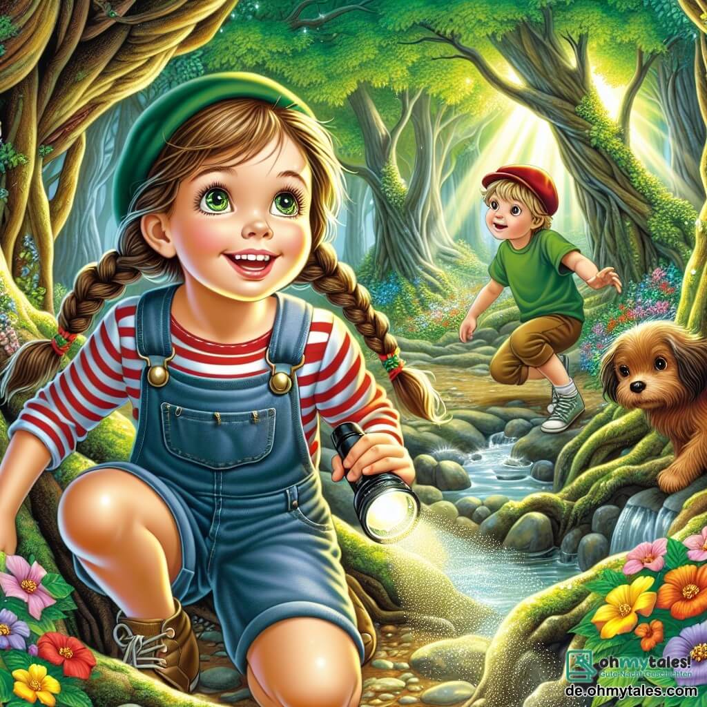 Illustration einer magischen Szene in einem verwunschenen Wald, wo große Bäume mit knorrigen Stämmen gen Himmel ragen und ihre grünen Blätter unter den Sonnenstrahlen funkeln. Bunte Blumen bedecken den Boden, und ein kleiner Bach mit kristallklarem Wasser schlängelt sich zwischen den Felsen.

Im Mittelpunkt des Bildes sitzt ein 9-jähriges Mädchen mit langen, geflochtenen braunen Haaren in einer Jeanslatzhose und einem gestreiften T-Shirt. Sie hat neugierige, strahlende Augen und ein breites Lächeln im Gesicht. Sie hockt neben einer kleinen Höhle, hält eine Taschenlampe in einer Hand und berührt mit der anderen Hand vorsichtig einen leuchtenden Stein, den sie gerade entdeckt hat.

Neben ihr steht ein etwa 10-jähriger Junge mit zerzausten blonden Haaren und einer roten Mütze, der fasziniert zusieht. Er trägt ein grünes T-Shirt und Shorts und hält einen Stock, als wäre er bereit zum Erkunden. Ein goldenes, fröhliches Hündchen mit heraushängender Zunge steht bereitwillig zu ihren Füßen und ist bereit, sie auf ihrem Abenteuer zu begleiten.

Die Hauptsituation zeigt die drei Charaktere, die einen versteckten Schatz in der Höhle entdecken, umgeben von einer Atmosphäre der Aufregung und des Geheimnisses. Lichtstrahlen emanieren vom leuchtenden Stein und erhellen ihre erstaunten Gesichter. Bunte Schmetterlinge fliegen um sie herum und verleihen dieser Abenteuerszene einen Hauch von Magie.