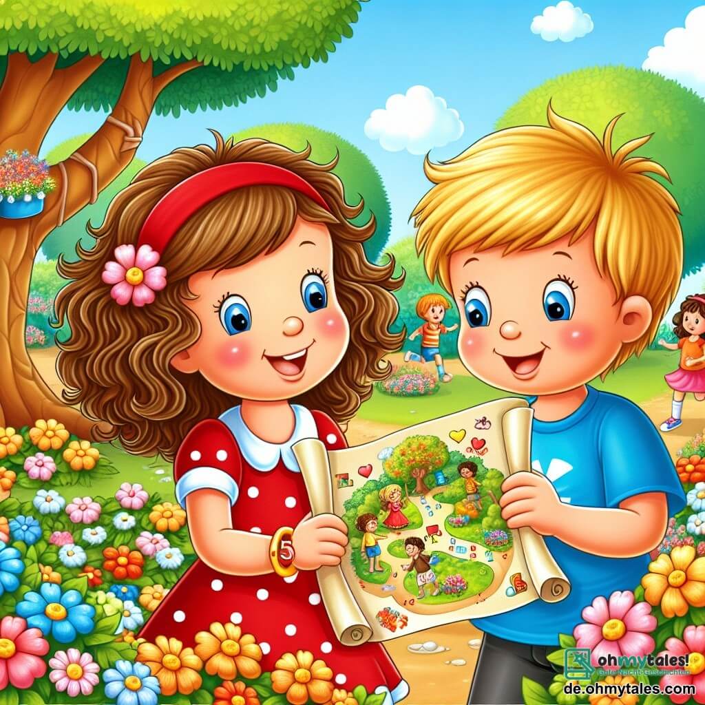 Une illustration sous forme de dessin destinée aux enfants représentant un parc ensoleillé avec des fleurs colorées et un grand arbre, où une petite fille de 5 ans aux cheveux bruns et bouclés, portant une robe rouge à pois blancs, est en train de sourire joyeusement tout en tenant une carte de chasse au trésor, tandis qu'un garçon de 5 ans aux cheveux blonds, vêtu d'un t-shirt bleu, l'observe avec émerveillement, alors qu'ils s'apprêtent à commencer une chasse au trésor pour célébrer la Saint-Valentin, entourés de rires d'autres enfants jouant sur un terrain de jeux à proximité.