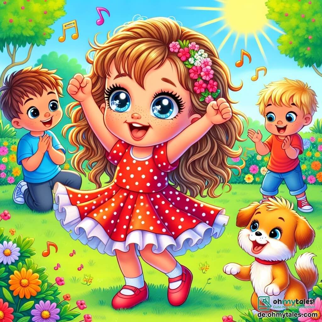 Illustration einer sonnigen Szene in einem bunten Park mit üppigen grünen Bäumen und strahlenden Blumen in allen Farben. In der Mitte tanzt ein 4-jähriges Mädchen mit großen, funkelnden Augen und langen, lockigen Haaren in einem roten Kleid mit weißen Punkten fröhlich auf dem Gras, die Arme zum Himmel erhoben und mit einem breiten Lächeln im Gesicht, das Freude und Selbstvertrauen ausdrückt. In der Nähe beobachtet ein etwa 5-jähriger Junge mit zerzausten braunen Haaren und einem blauen T-Shirt sie bewundernd mit weit aufgerissenen Augen. Er applaudiert und lächelt, ermutigt von der Energie der Tänzerin. Ein kleiner Hund mit goldenem Fell, der mit dem Schwanz wedelt, springt um sie herum und fügt der Szene eine fröhliche Note hinzu. Die Hauptsituation zeigt das Mädchen, das sich trotz ihrer Zweifel von der Musik und dem Vergnügen des Tanzens mitreißen lässt, während die anderen Kinder und der Hund sie begeistert anfeuern. Musiktöne schweben in der Luft, und bunte Schmetterlinge fliegen herum, was Freiheit und Freude symbolisiert.