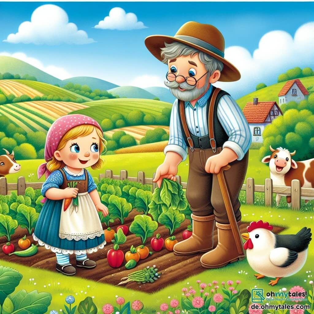 Une illustration destinée aux enfants représentant une fillette curieuse découvrant un jardin potager avec l'aide bienveillante d'un gentil fermier, entourés de champs verdoyants et d'animaux joyeux, dans un paisible et pittoresque cadre de ferme.