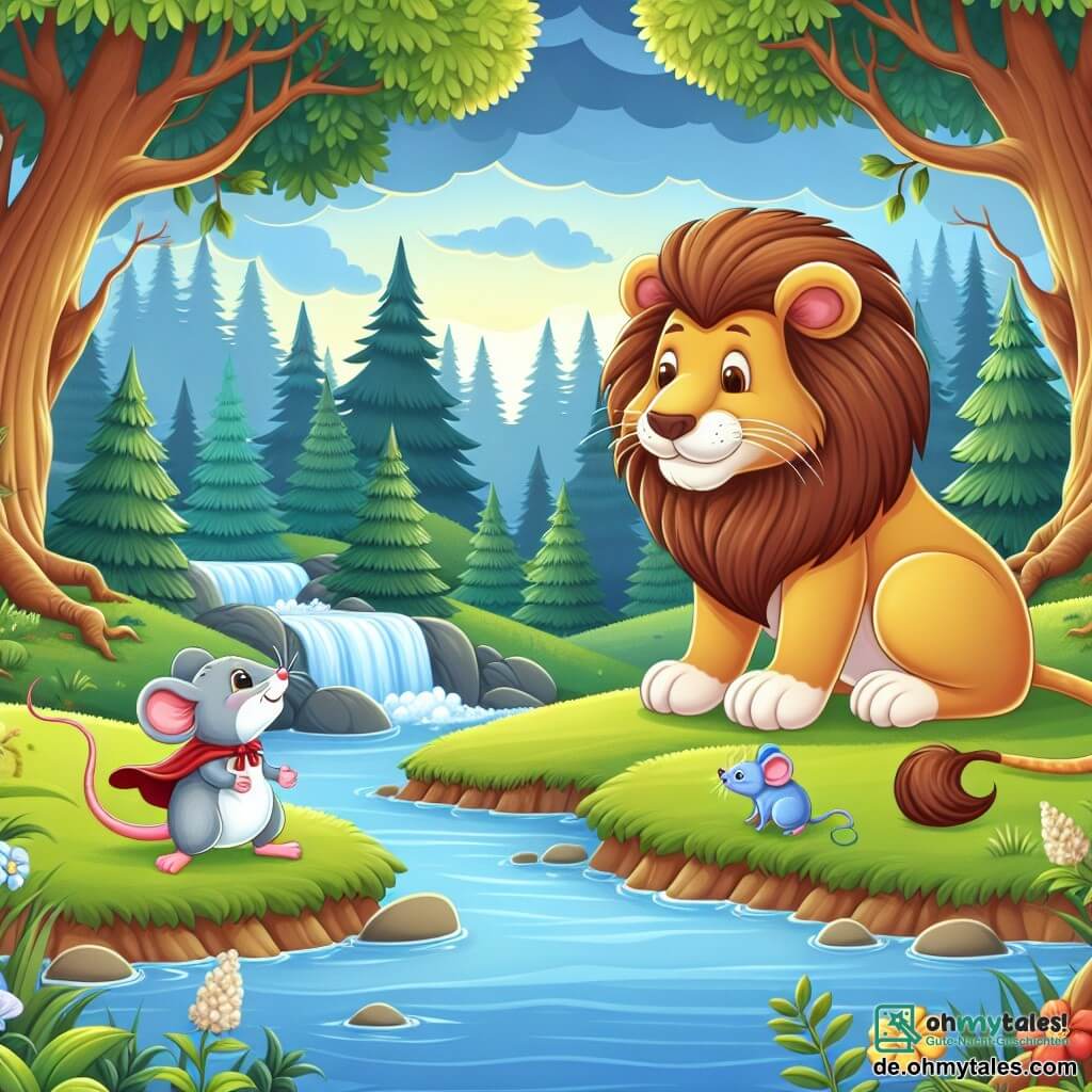 Une illustration destinée aux enfants représentant une petite souris courageuse, un lion amical, une forêt enchantée avec des arbres majestueux et un ruisseau étincelant.
