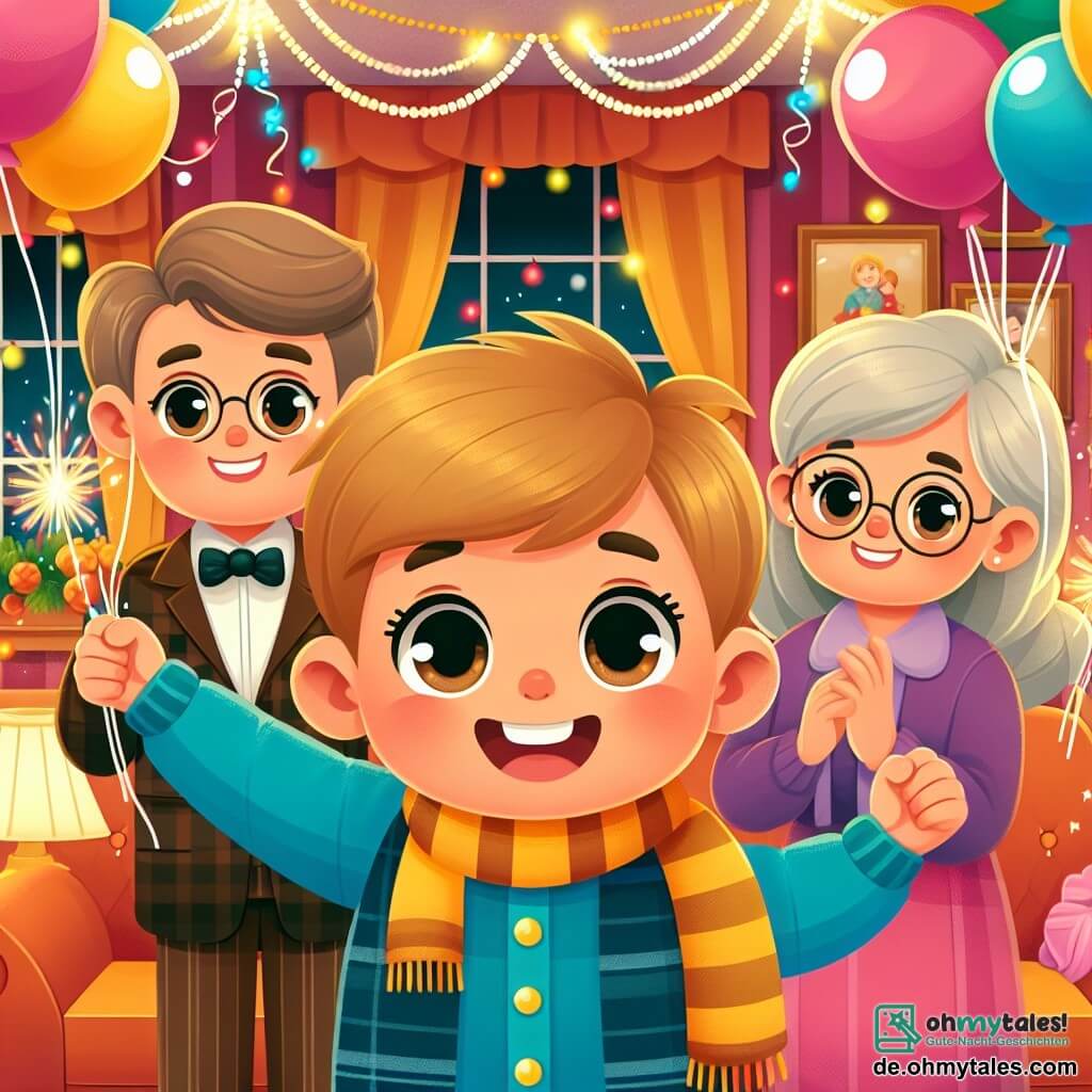 Une illustration destinée aux enfants représentant un petit garçon joyeux célébrant le nouvel an avec sa famille, entouré de ballons colorés et de guirlandes scintillantes, dans un salon chaleureux et festif décoré de manière éclatante.
