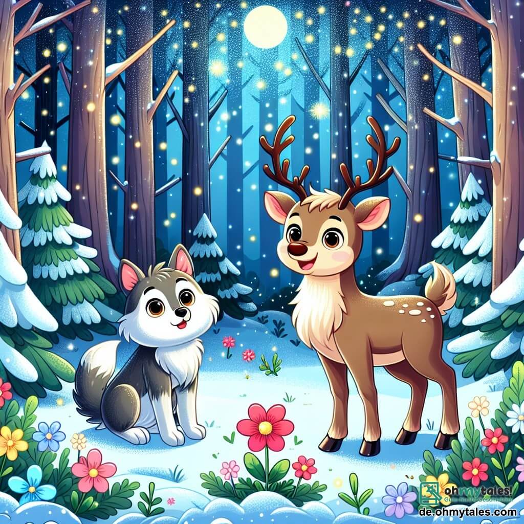 Une illustration sous forme de dessin destinée aux enfants représentant une forêt enchantée, avec des arbres majestueux recouverts de neige scintillante, au centre un renne au pelage brun doux et aux grands yeux brillants, se tenant courageusement face à un loup au regard curieux et aux poils gris, tandis que le renne raconte une histoire captivante, entouré de fleurs colorées qui émergent du sol enneigé, symbolisant l'amitié et le courage dans un moment de tension transformé en compréhension.
