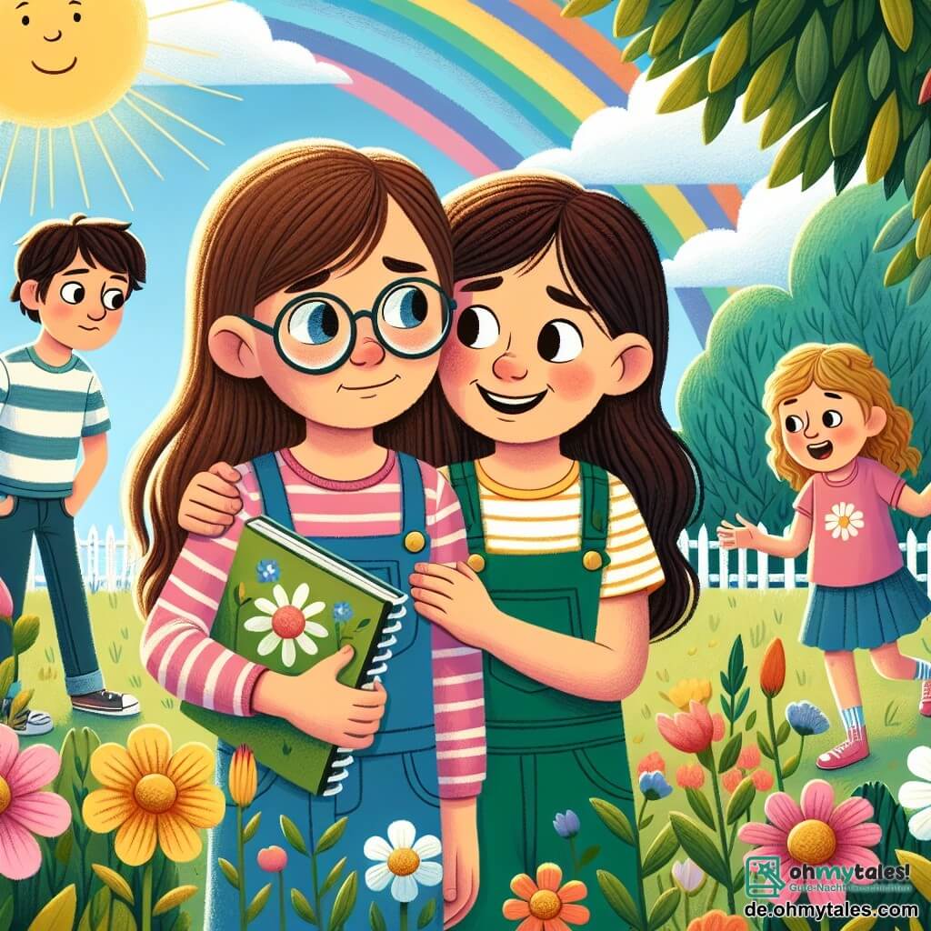 Illustration eines sonnigen Gartens, gefüllt mit bunten Blumen und grünen Bäumen. In der Mitte steht ein neunjähriges Mädchen mit langen braunen Haaren und Brille, das schüchtern lächelt, während es ein Skizzenbuch hält. Neben ihr ermutigt ein weiteres neunjähriges Mädchen mit lockigem, blondem Haar sie mit einem breiten Lächeln und offenen Armen. Im Hintergrund beobachtet ein zehnjähriger Junge mit braunen Haaren und einem gestreiften T-Shirt die Szene mit verständnisvollem Blick. Die Hauptsituation zeigt die Kinder, die einen Moment der Unterstützung und Freundschaft teilen, und illustriert die Stärke der Bindungen trotz familiärer Veränderungen. Bunte Sprechblasen schweben um sie herum und enthalten Wörter wie „Freundschaft“, „Mut“ und „Hoffnung“. Der Himmel ist blau und klar, was einen Neuanfang symbolisiert, während ein schwacher Regenbogen im Hintergrund erscheint, der Hoffnung und neu gefundene Freude repräsentiert.